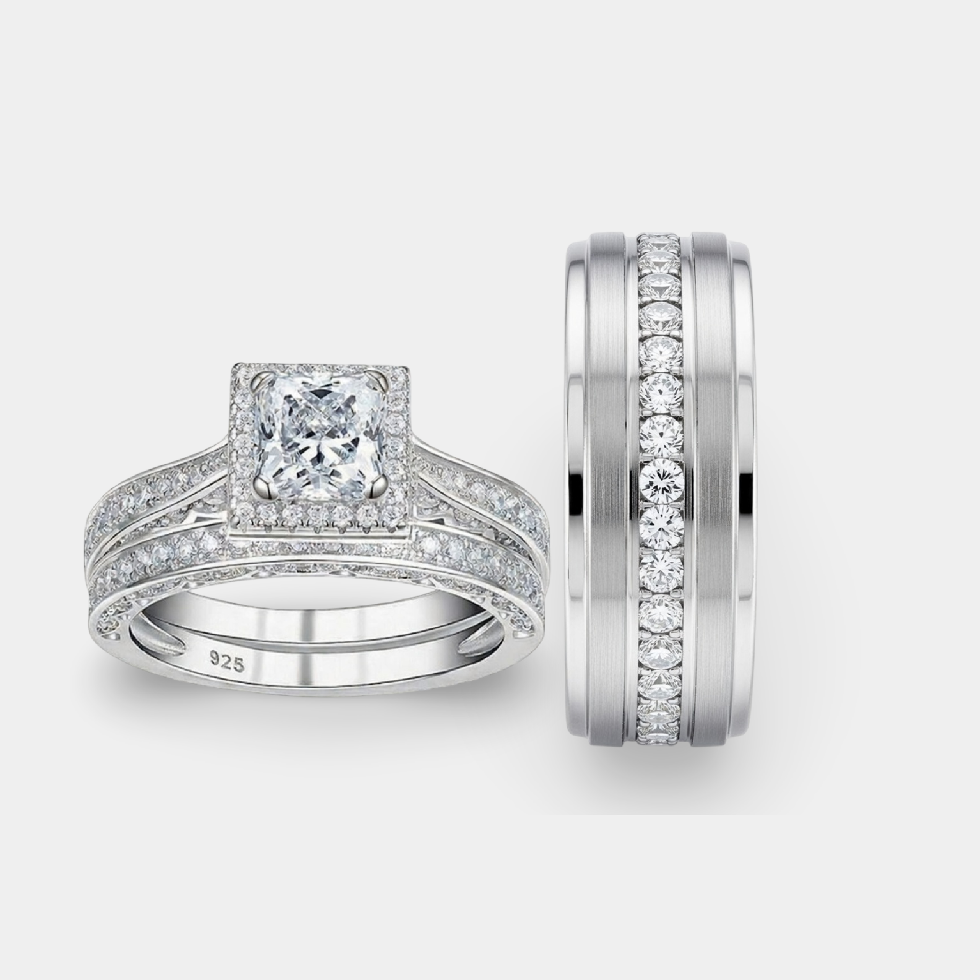 Matching couple wedding ring set princess cut CZ and tungsten band together.