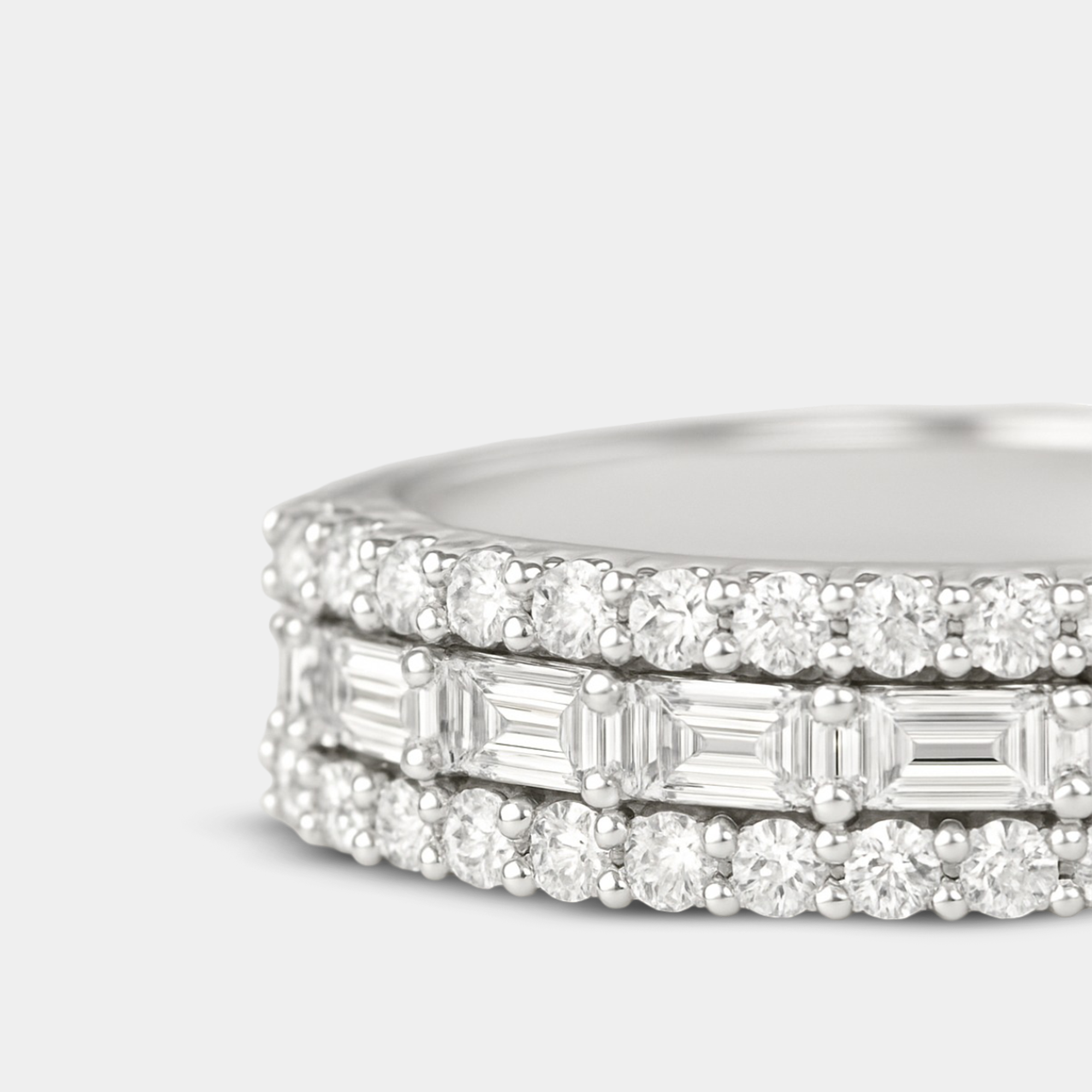 round & baguette cut diamond band side angle view from MH Elegance luxury wedding rings collection