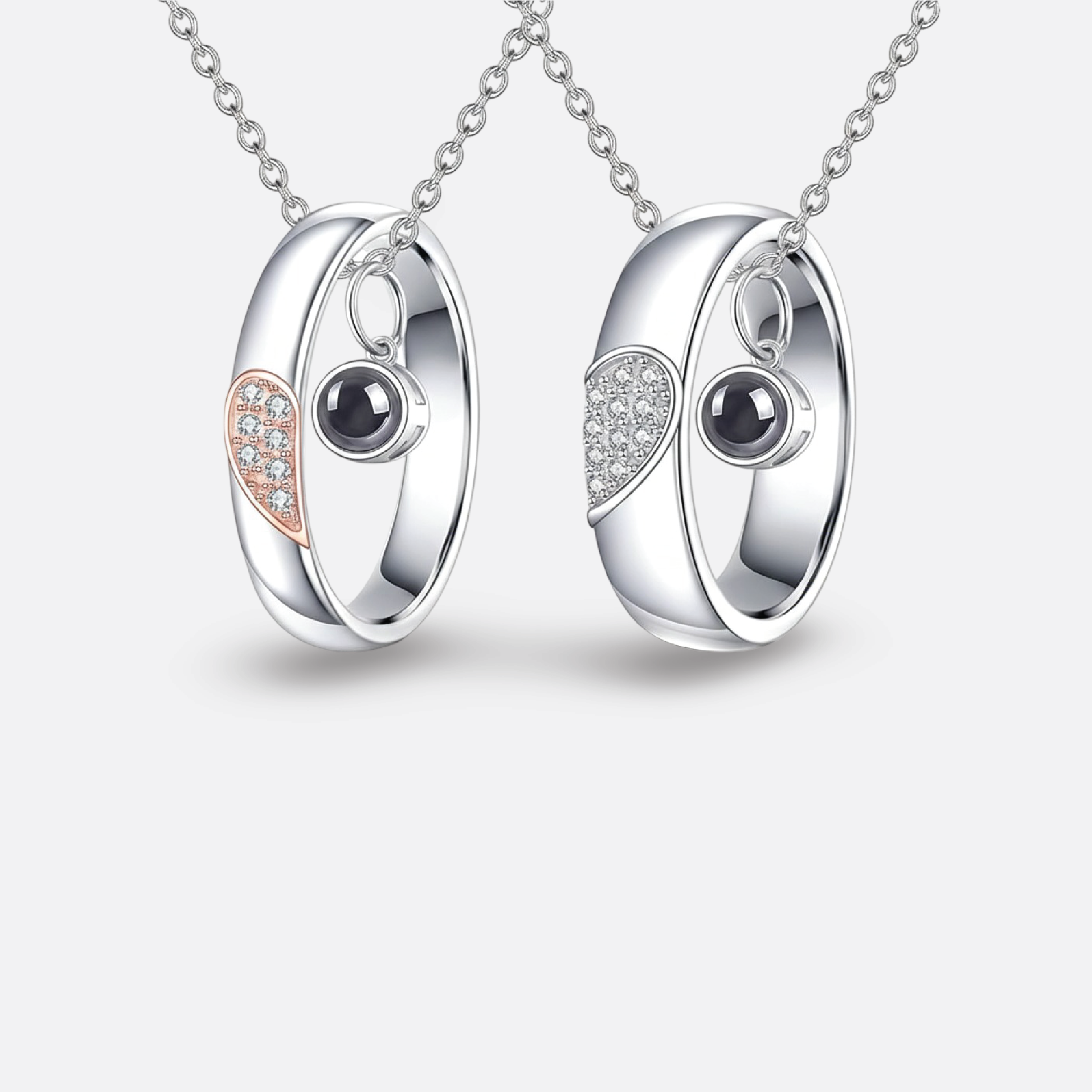 Sterling silver couple projection necklace set with custom photo stone pendant from MH Elegance