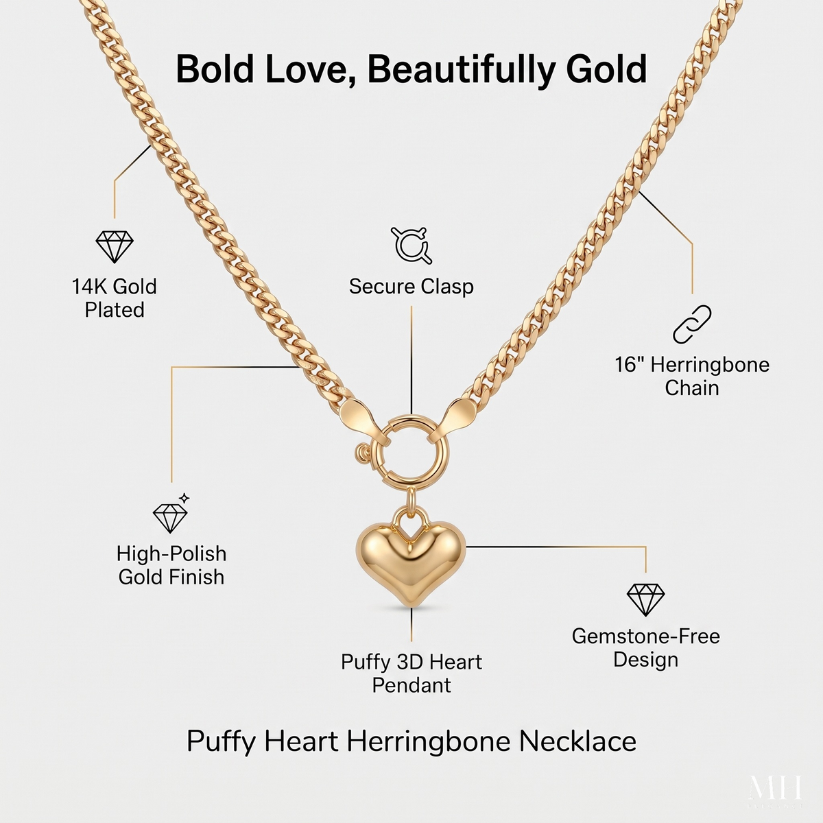 Puffy Heart Necklace | 14K Gold Herringbone Chain Necklace for Women