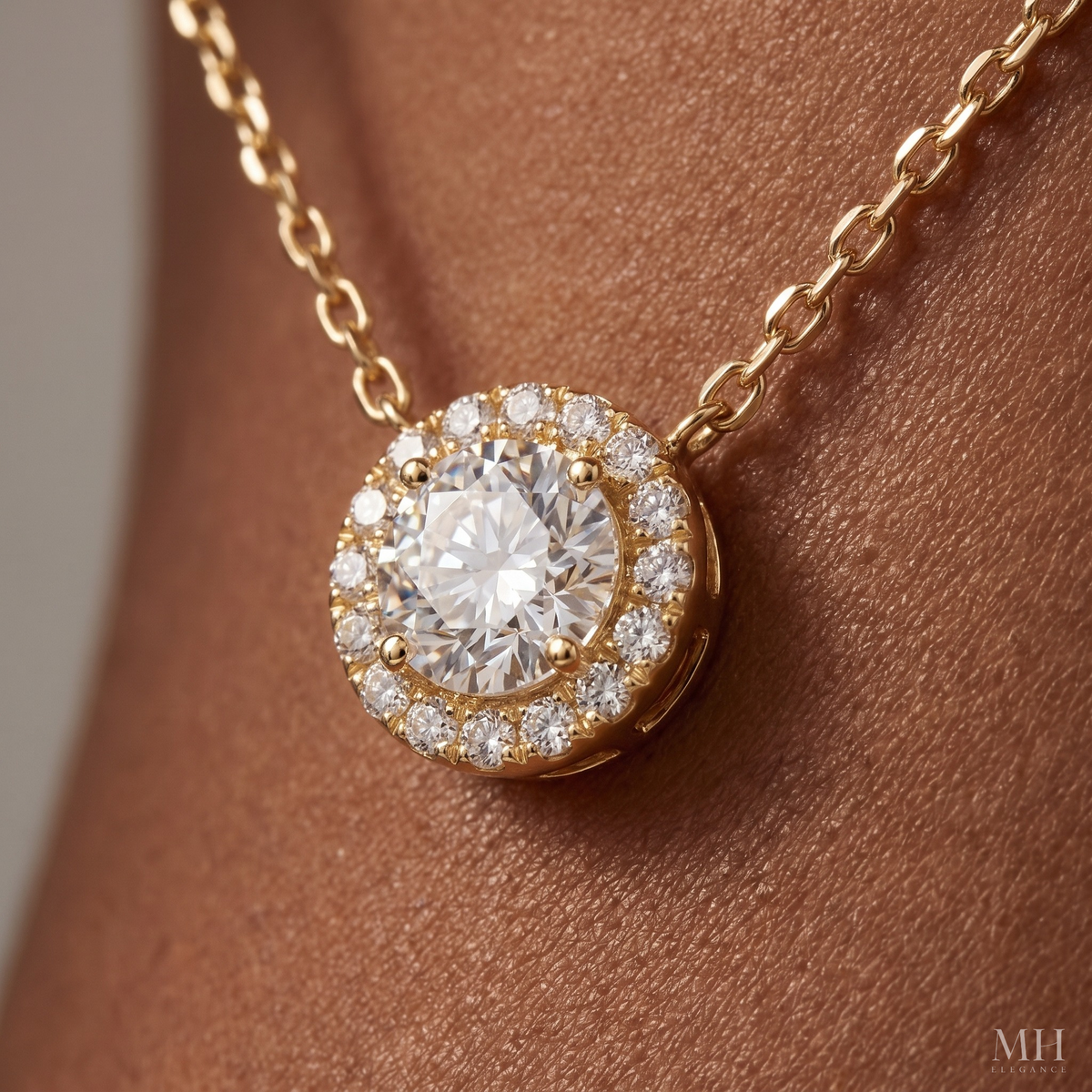 Halo CZ Necklace | 14K Gold Diamond Look Pendant Necklace for Women