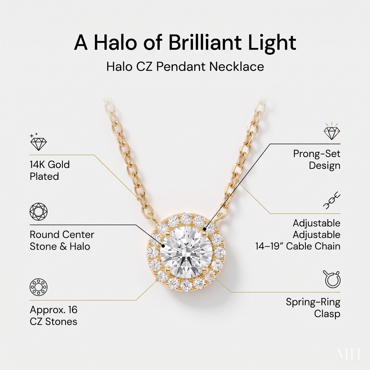 Halo CZ Necklace | 14K Gold Diamond Look Pendant Necklace for Women