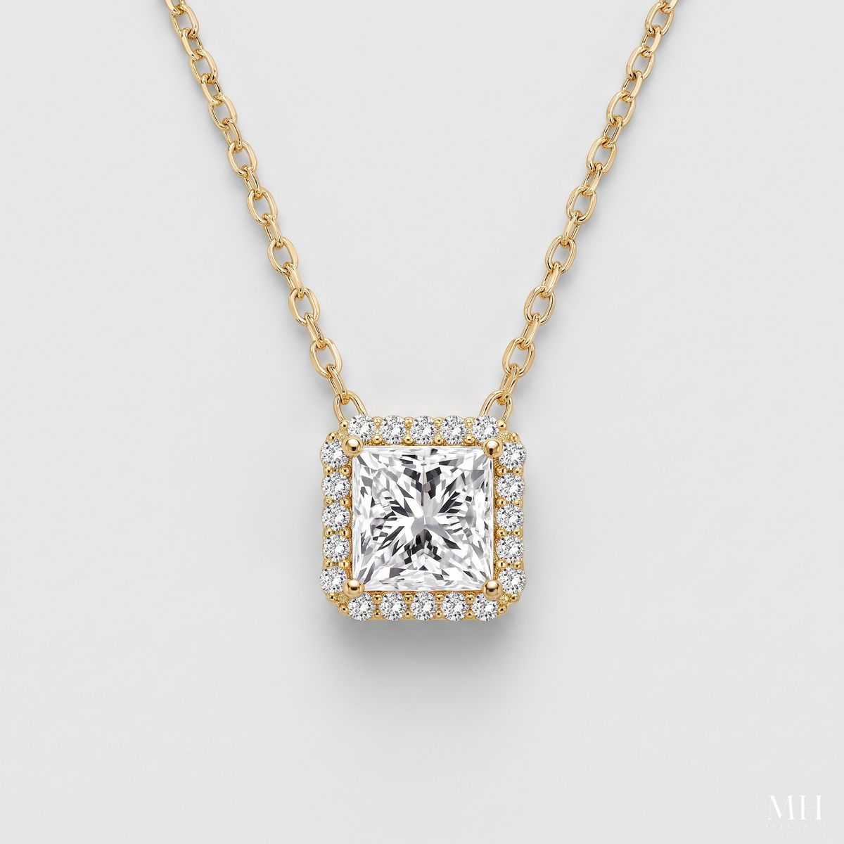 Square Halo CZ Necklace | 14K Gold Diamond Look Pendant for Women