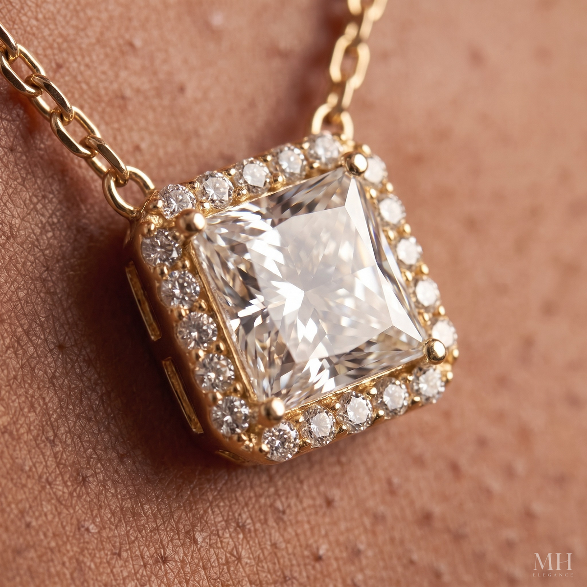 Square Halo CZ Necklace | 14K Gold Diamond Look Pendant for Women