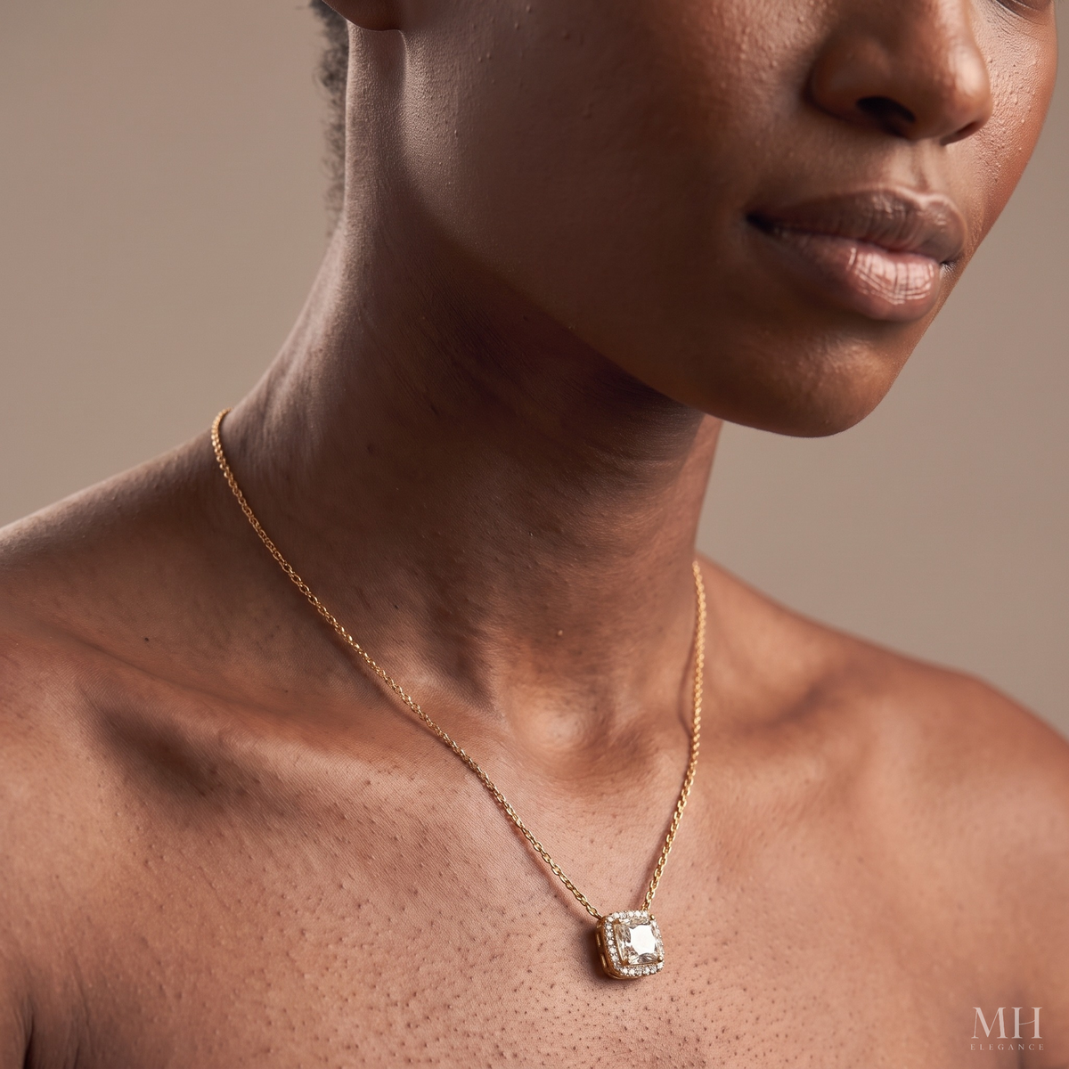 Square Halo CZ Necklace | 14K Gold Diamond Look Pendant for Women