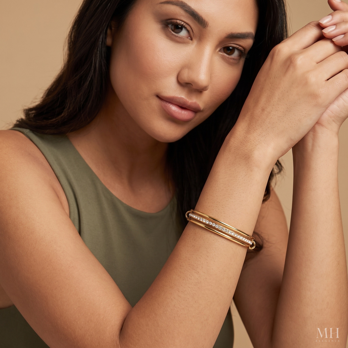 Triple-Interlocked Stackable Bangle – 18K Gold CZ Tennis Bracelet for Women | MH Elegance