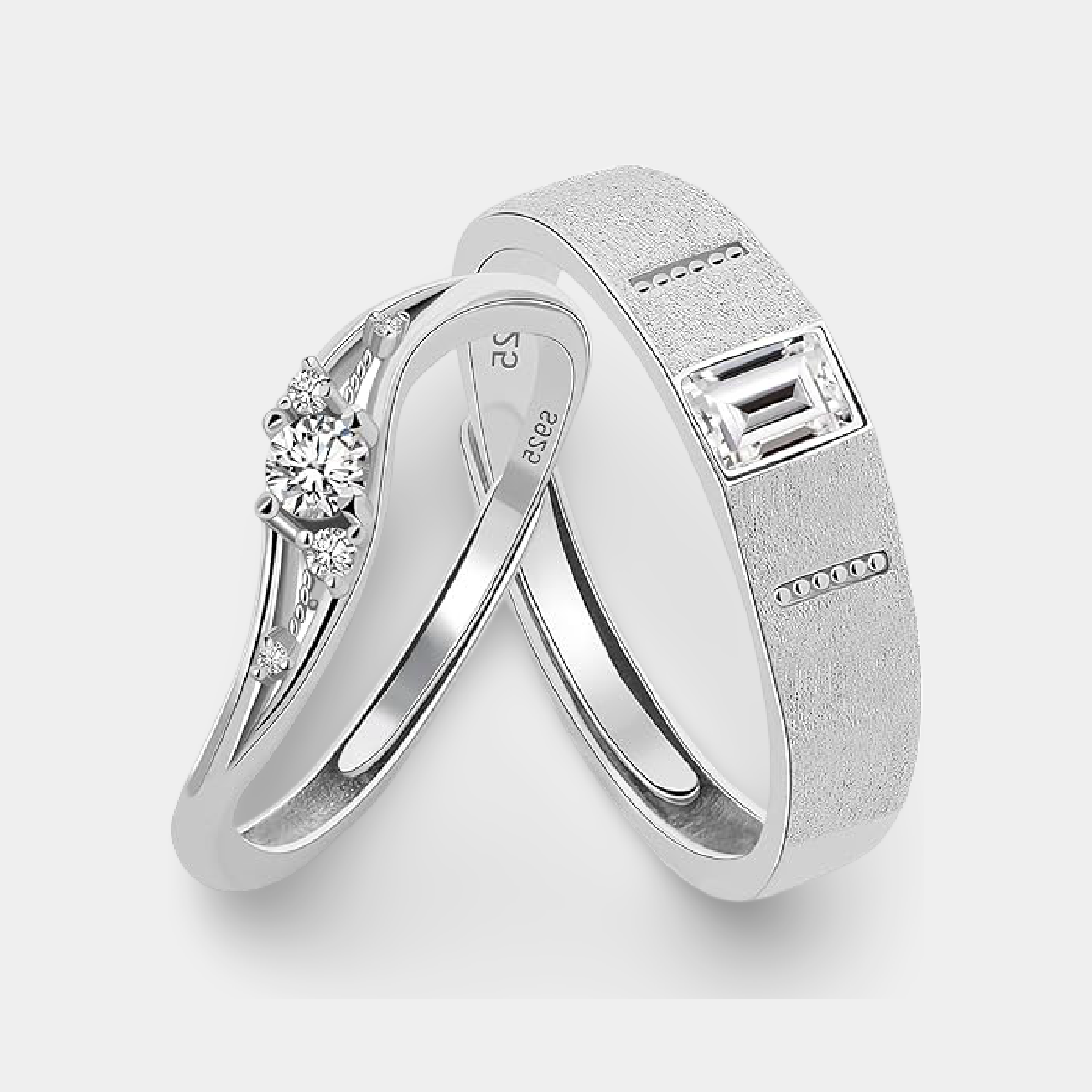 Couple wearing matching adjustable sterling silver his and hers wedding bands - MH Elegance