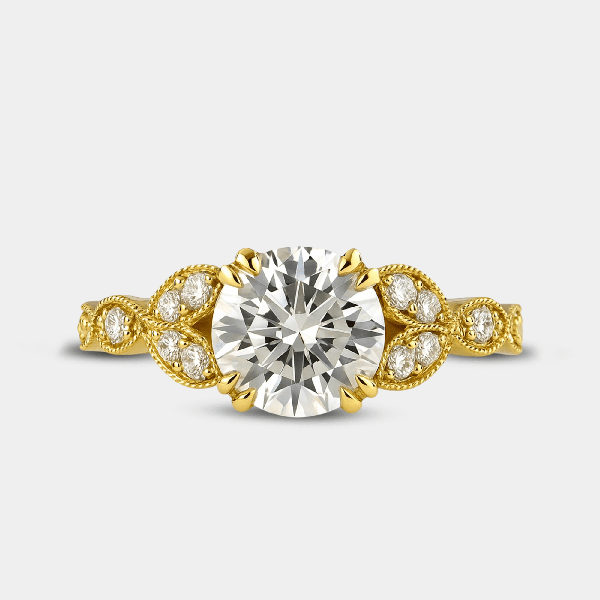 Antique Style Round-Cut Moissanite Ring | Premium Metal - MH ELEGANCE - antique style round-cut moissanite ring main display from MH Elegance luxury wedding rings collection -