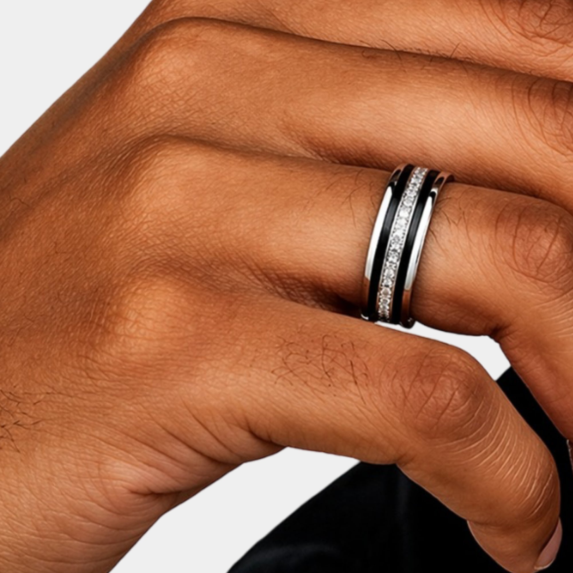 Round cut moissanite black finish men's ring, top view