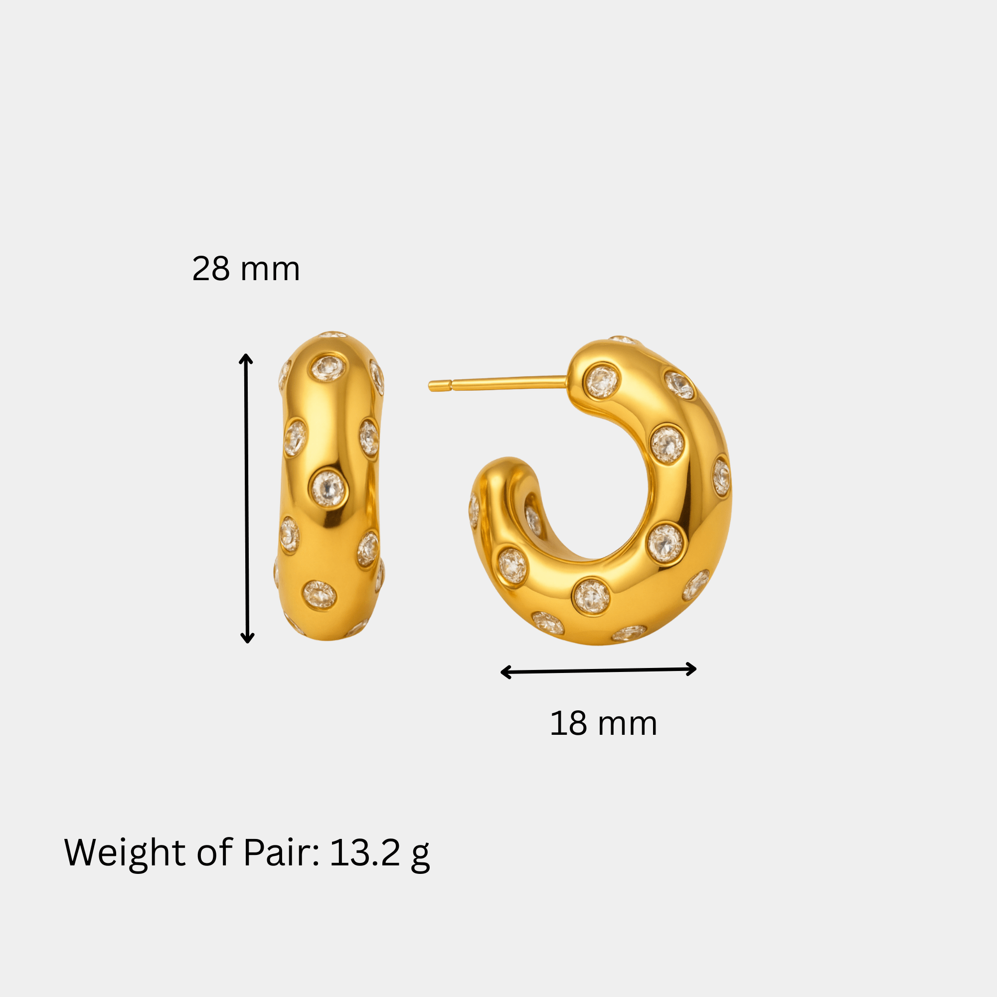 Chunky gold C-shaped hoops with sparkling zircon inlay, hypoallergenic for sensitive ears – MH Elegance