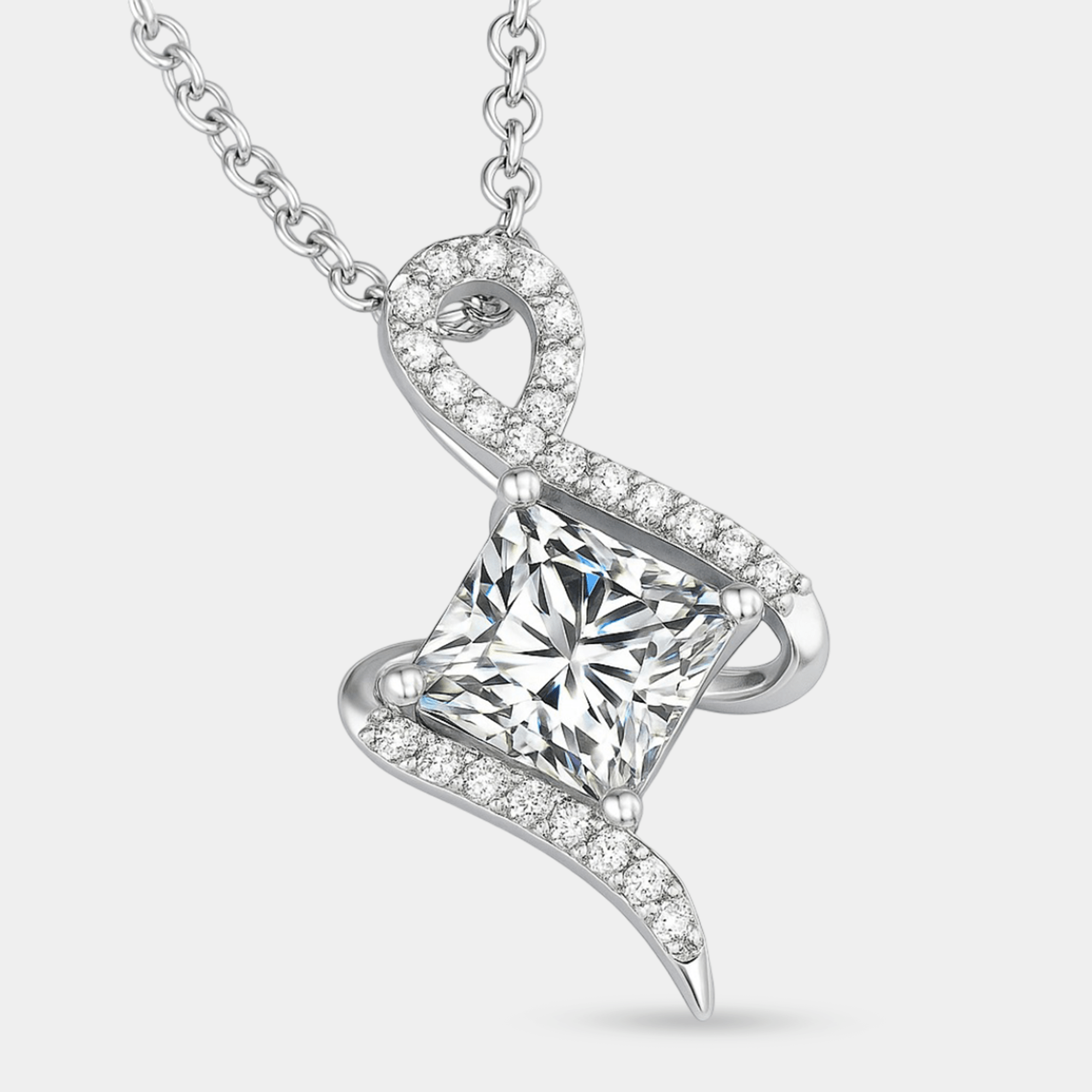 Moissanite twist pendant shown on its sterling silver cable chain