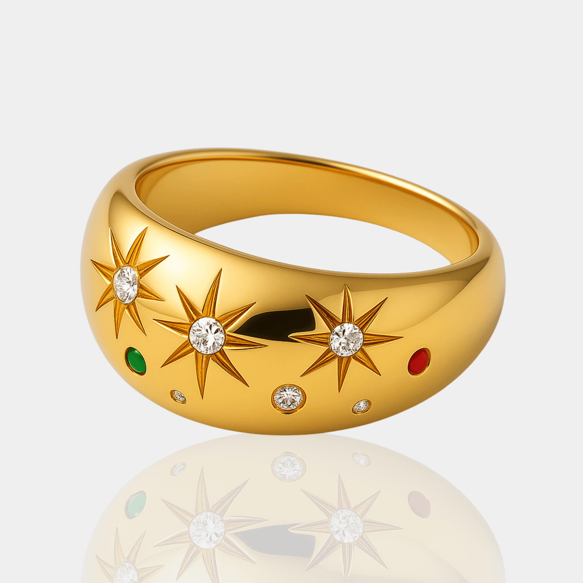 Celestial starburst ring in waterproof 18K gold plated stainless steel, three-quarter view showing the three star medallions