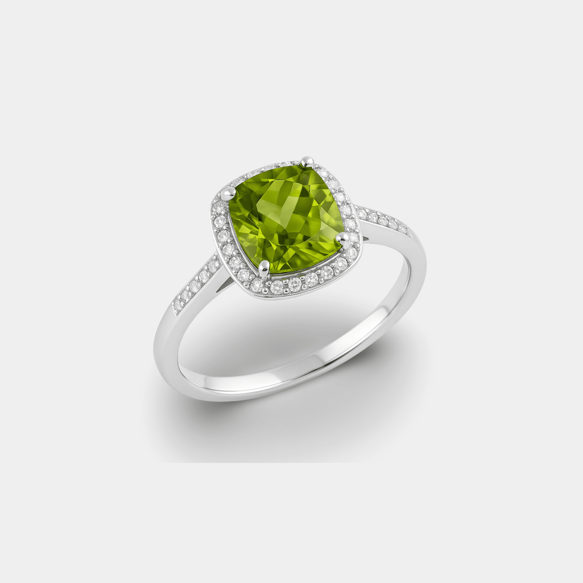 Cushion-Cut Peridot & Diamond Halo Ring - MH ELEGANCE - Cushion-Cut Peridot & Diamond Halo Ring - MH ELEGANCE -