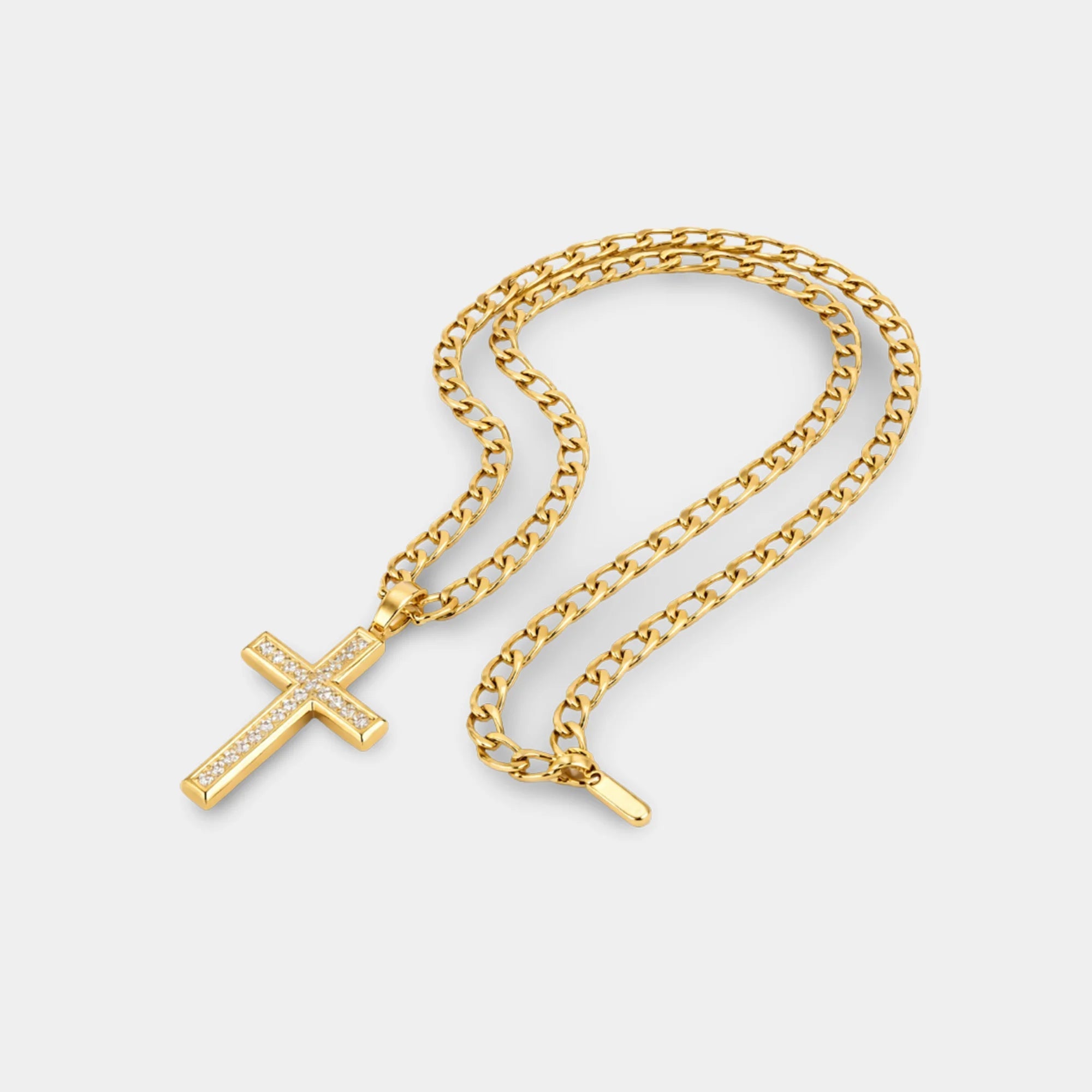 CZ cross Figaro necklace worn around the neck showing the gold cross pendant for men and women