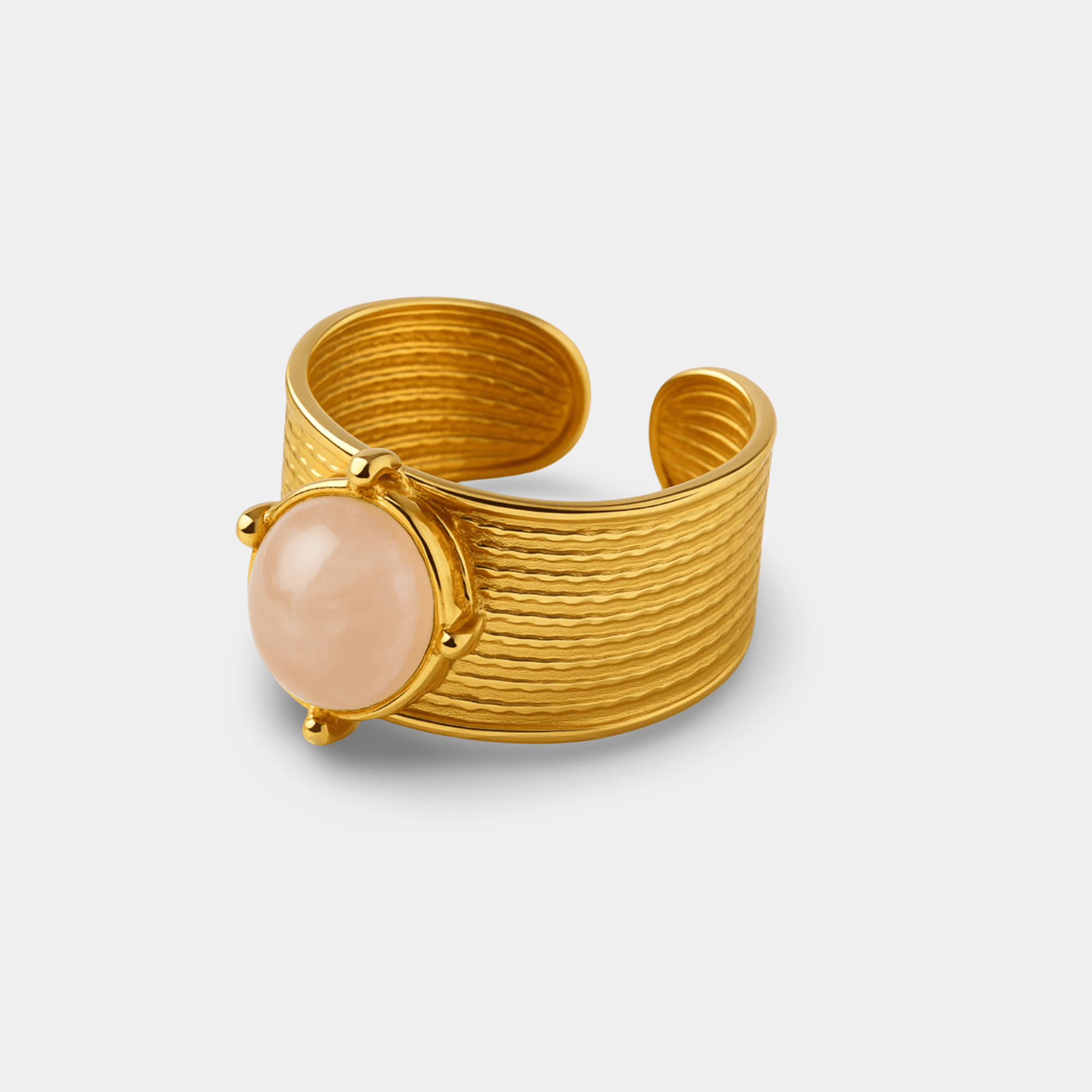 Side view of the dynasty gemstone cuff ring showing the adjustable open-back band