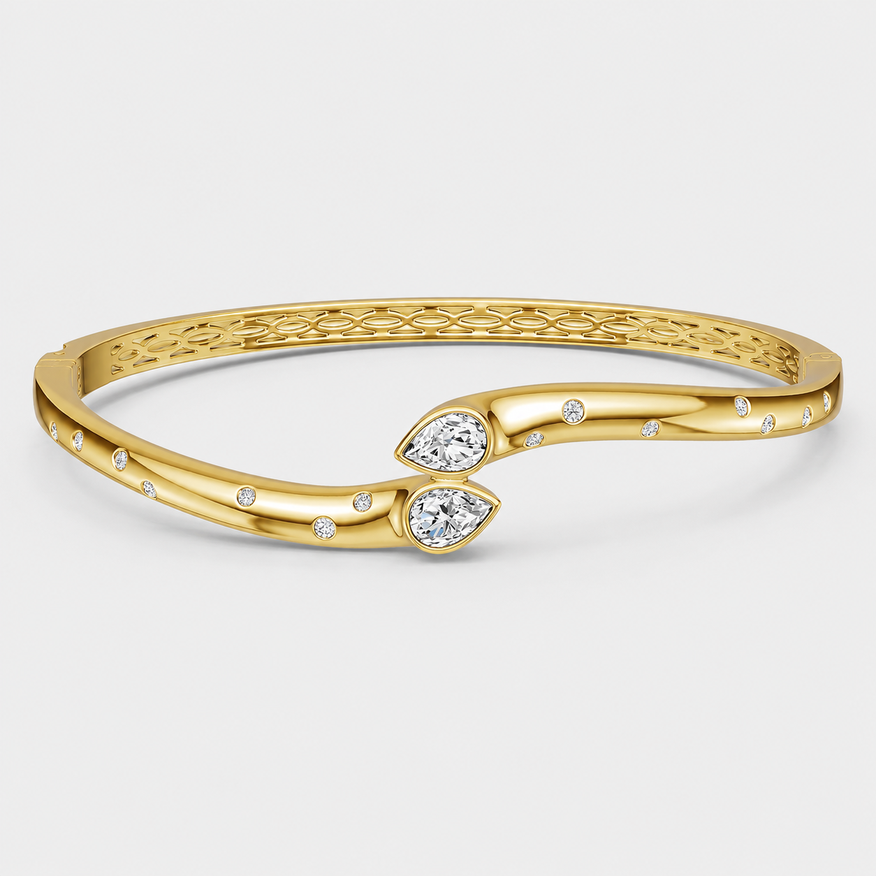 MH Elegance 14K Gold Plated Gold Bangle Bracelet for Women featuring Double Pear Cubic Zirconia, Hypoallergenic Non-Tarnish Jewelry