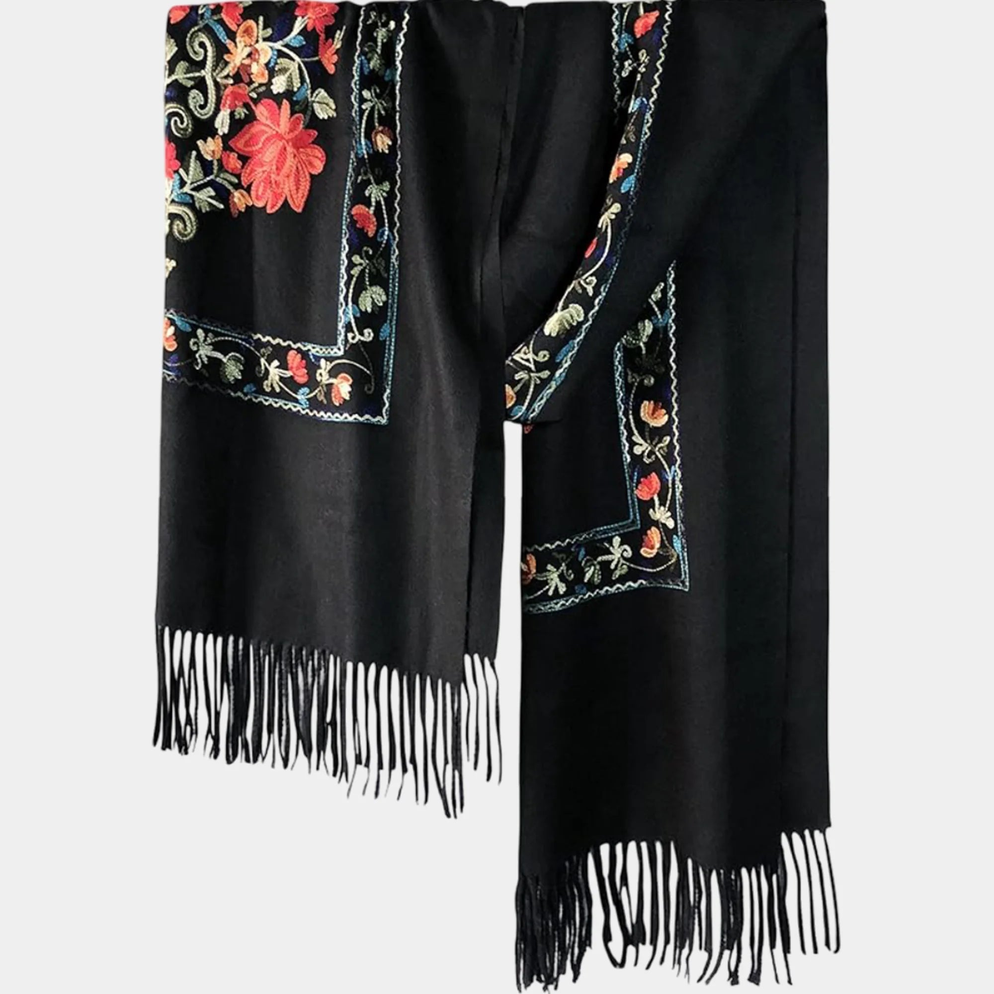 Embroidered Tassel Long Shawl | Artisan Details | Boho Sophistication - MH ELEGANCE - Embroidered Tassel Long Shawl | Artisan Details | Boho Sophistication -