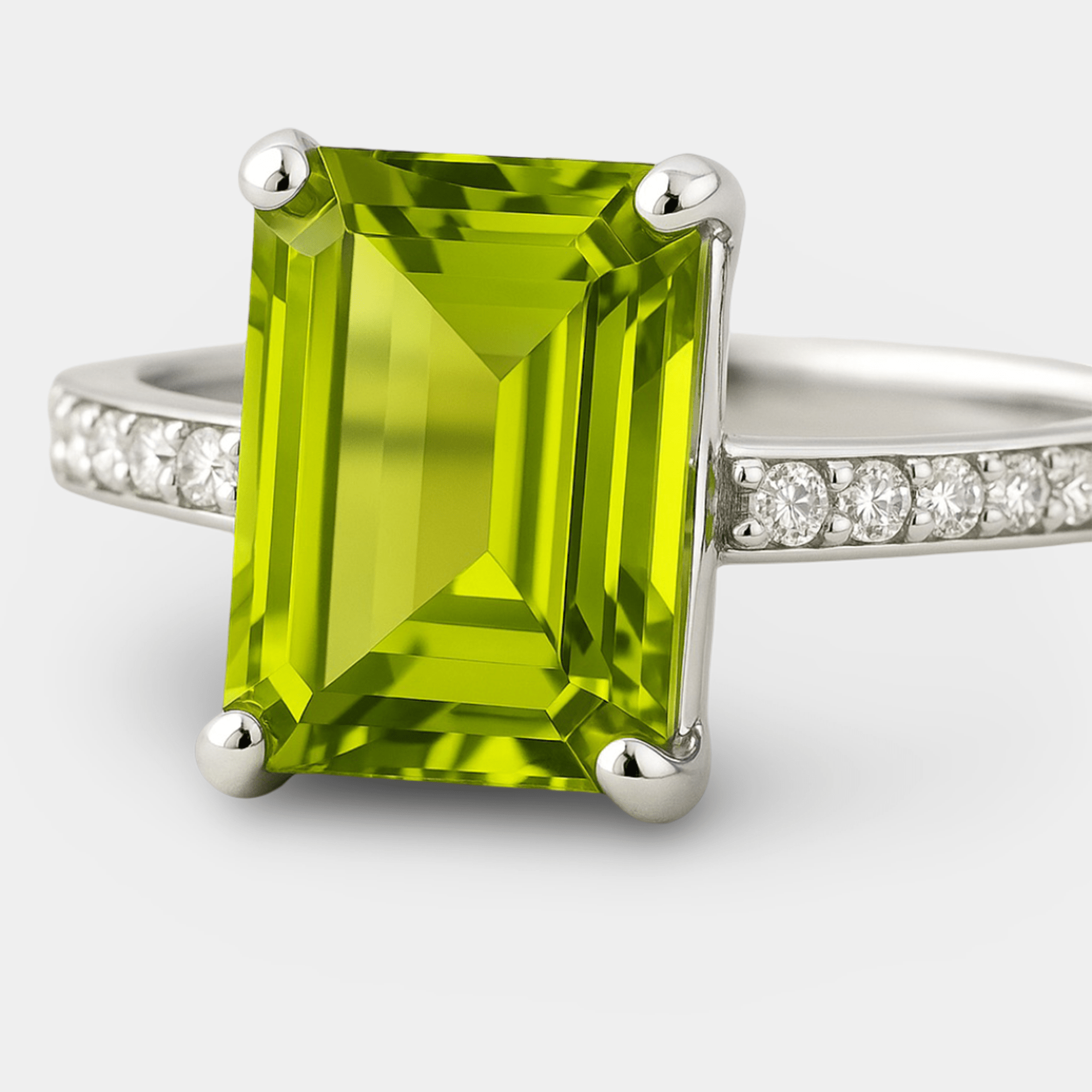 Emerald-Cut Peridot & Diamond Ring - MH ELEGANCE - Emerald-Cut Peridot & Diamond Ring - MH ELEGANCE -