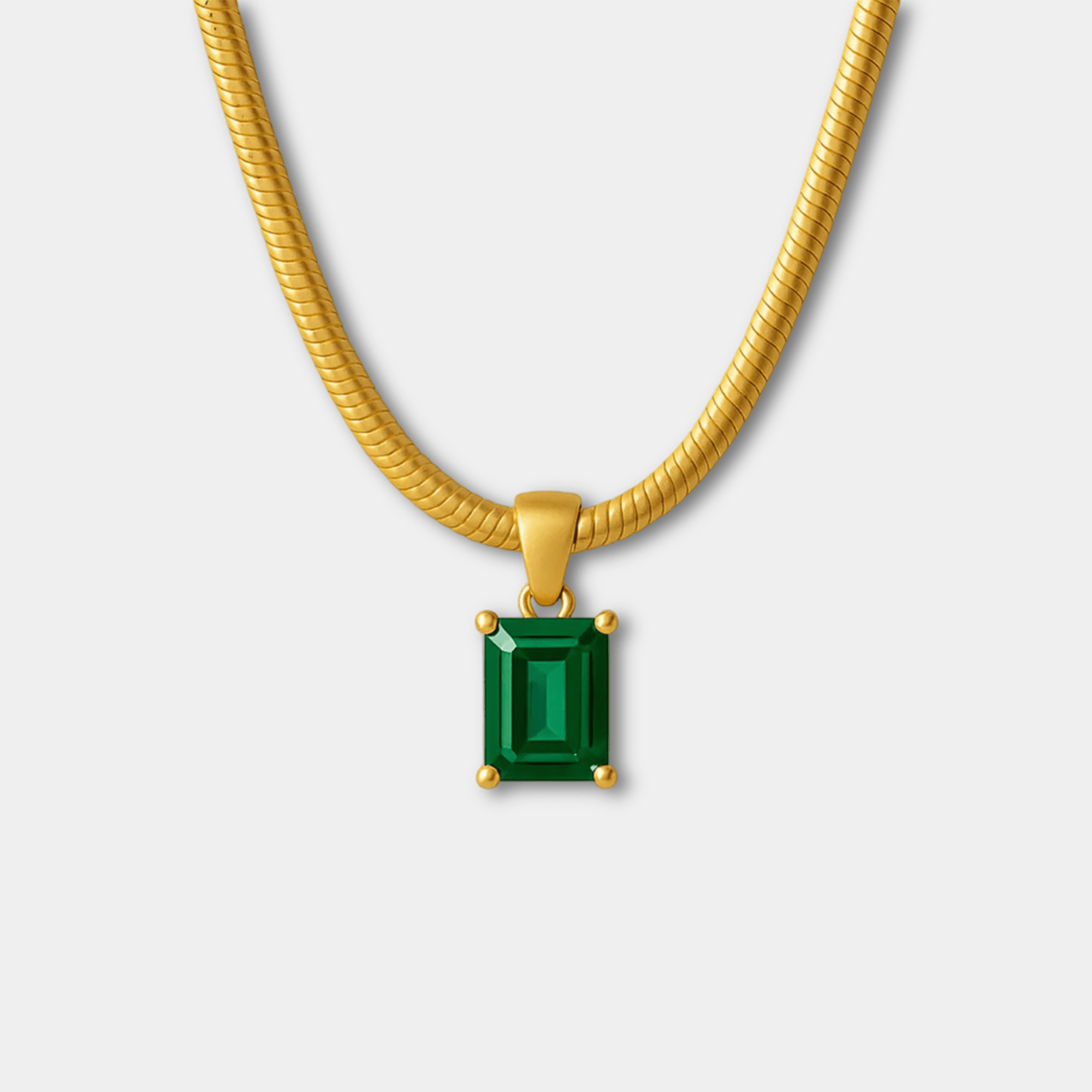 Emerald-green zircon pendant necklace in 16K gold-plated stainless steel on a gold chain.