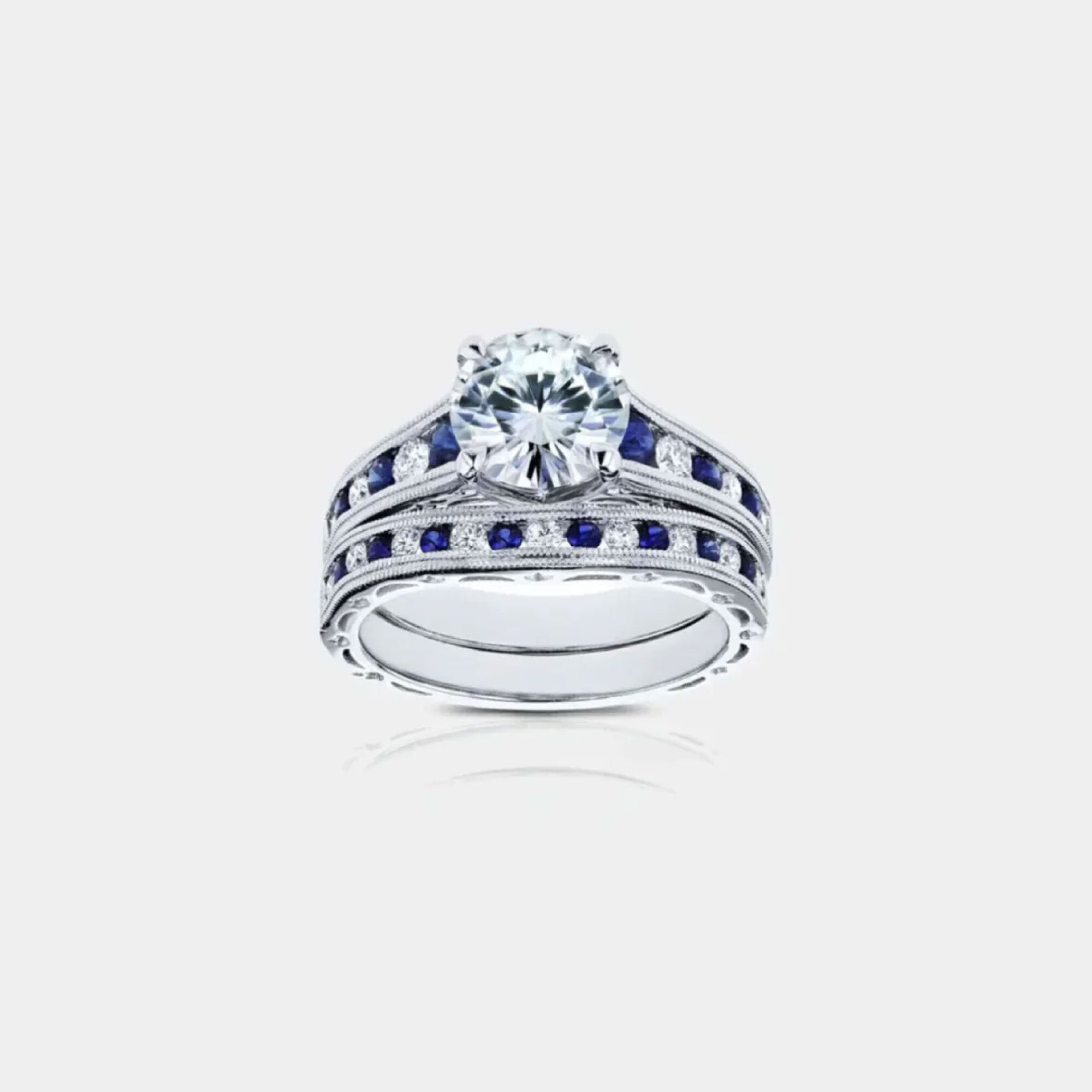 Forever One Moissanite & Sapphire Bridal Set - MH ELEGANCE - Forever One Moissanite & Sapphire Bridal Set - MH ELEGANCE -