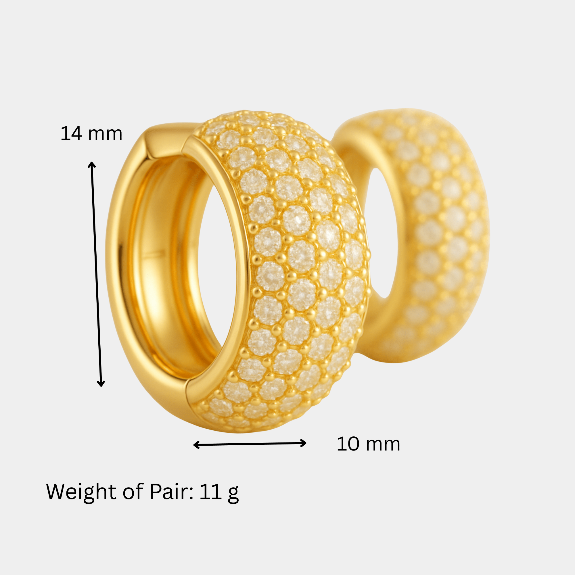 GlamBrick huggie hoop earrings size guide, 14mm tall by 10mm wide, 11 grams per pair