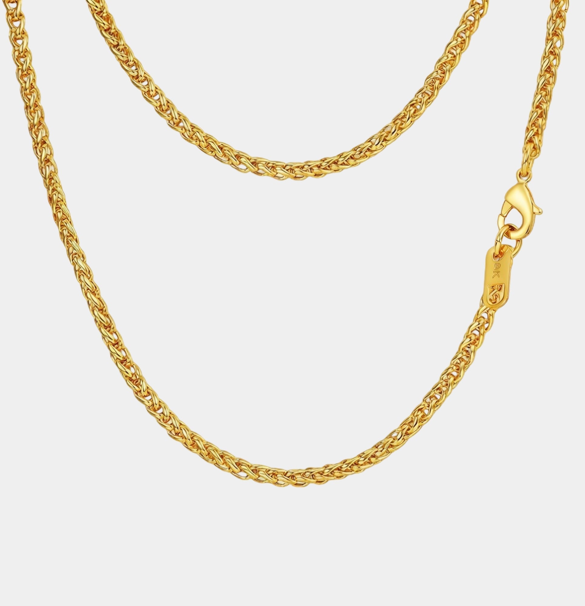 14K gold plated wheat chain necklace for men by MH Elegance, full chain laid flat