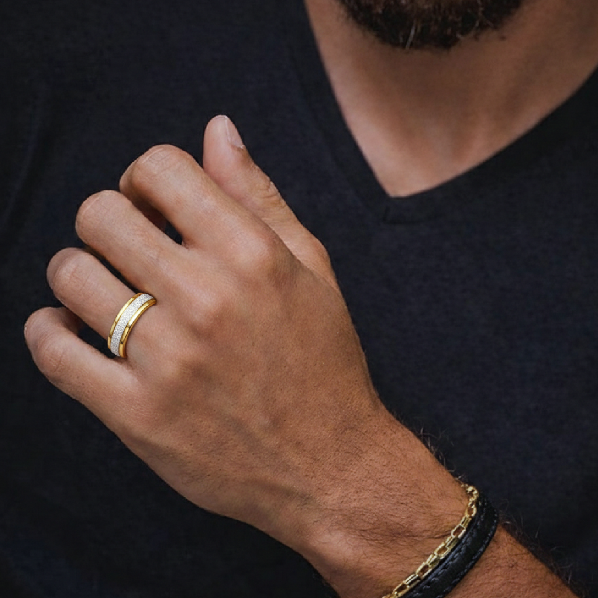 Gold & Titanium His & Hers Wedding Ring Set | Durable Matching Couple Rings - MH ELEGANCE - Titanium his wedding band from matching gold and titanium his and hers couple ring set - Ring