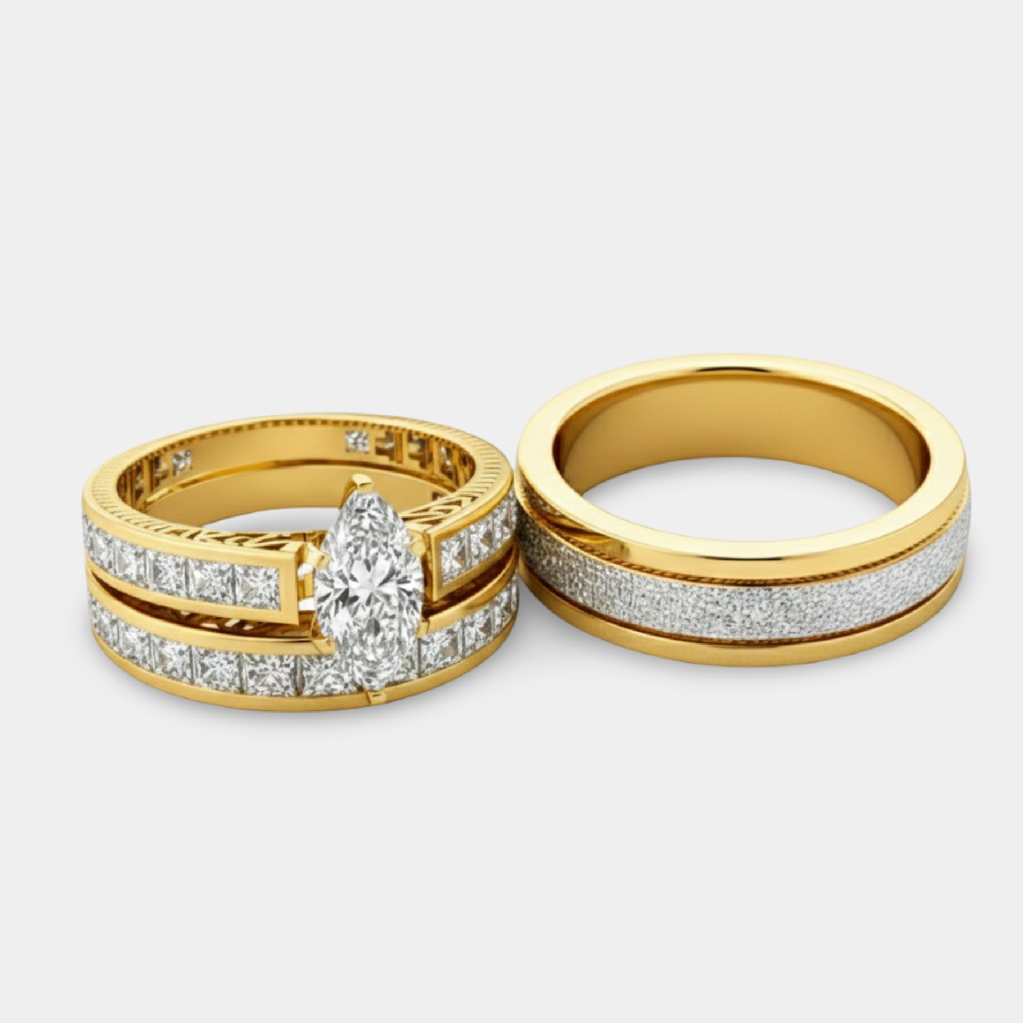 Gold & Titanium His & Hers Wedding Ring Set | Durable Matching Couple Rings - MH ELEGANCE - Couple wearing matching gold and titanium his and hers wedding ring set lifestyle photo - Ring