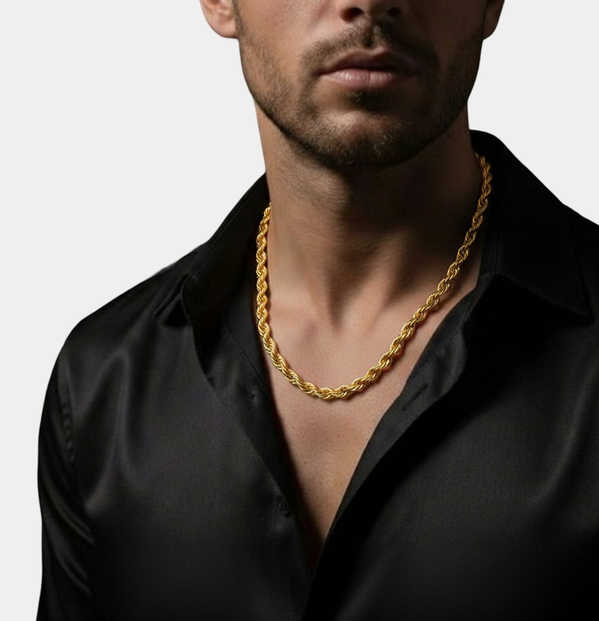 MH Elegance Golden Legacy 24K gold plated rope chain worn to show the 24-inch length