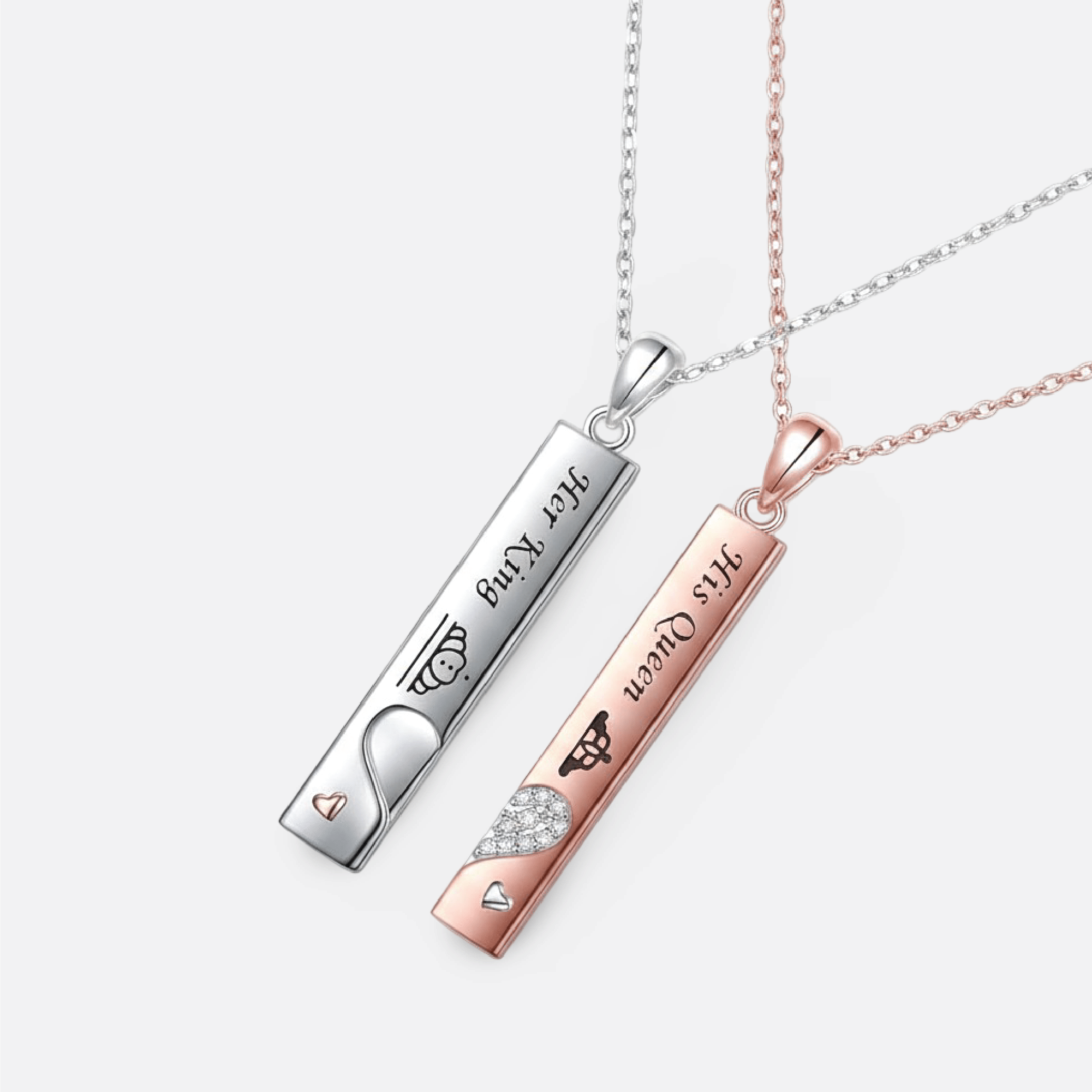 Her King His Queen Sterling Silver Bar Couple Necklace Set | Engraved Pendants - MH ELEGANCE - Her King His Queen sterling silver bar couple necklace set in gift packaging - Necklace