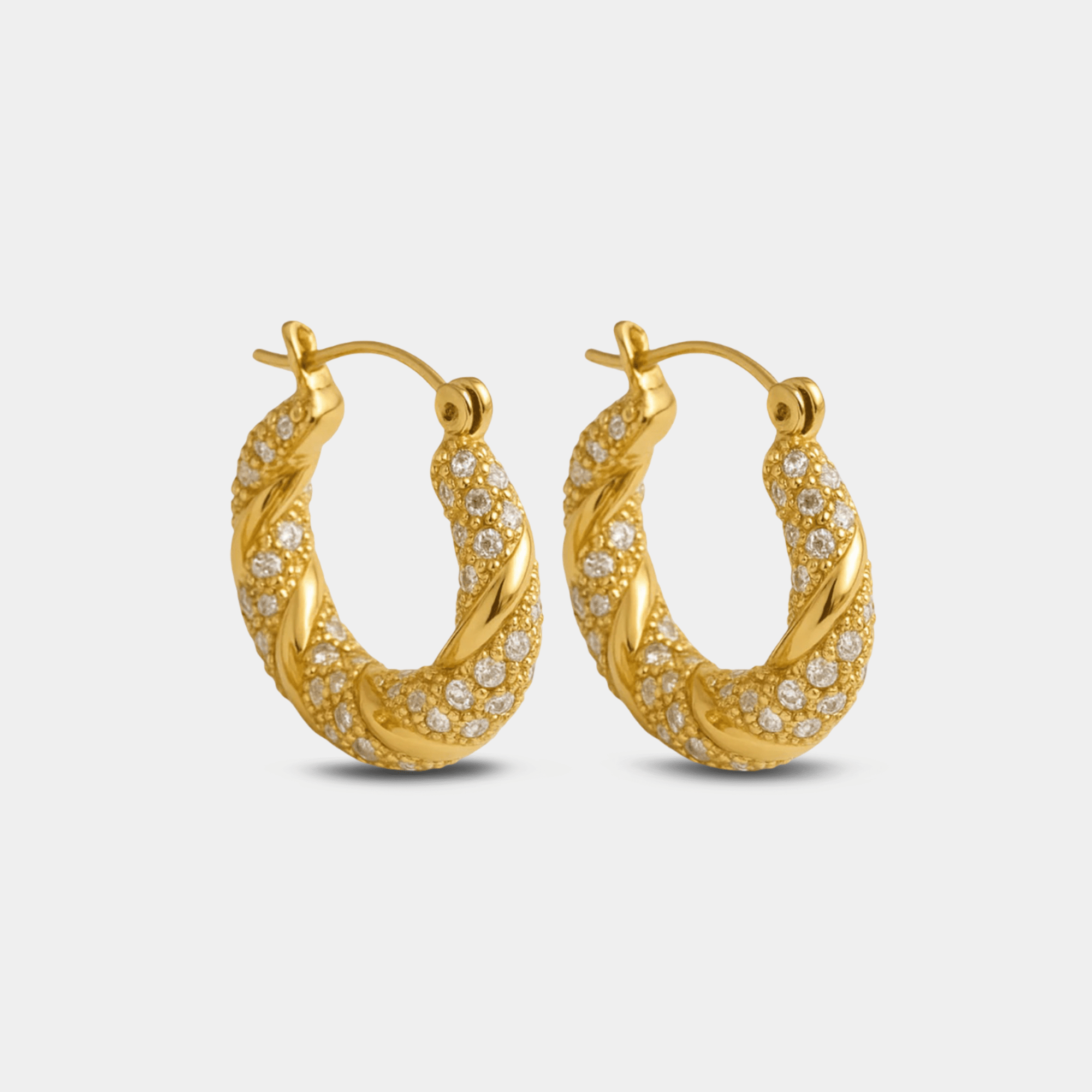 Front view of gold croissant hoop earrings with sparkling pavé cubic zirconia, waterproof twisted hoops by MH Elegance
