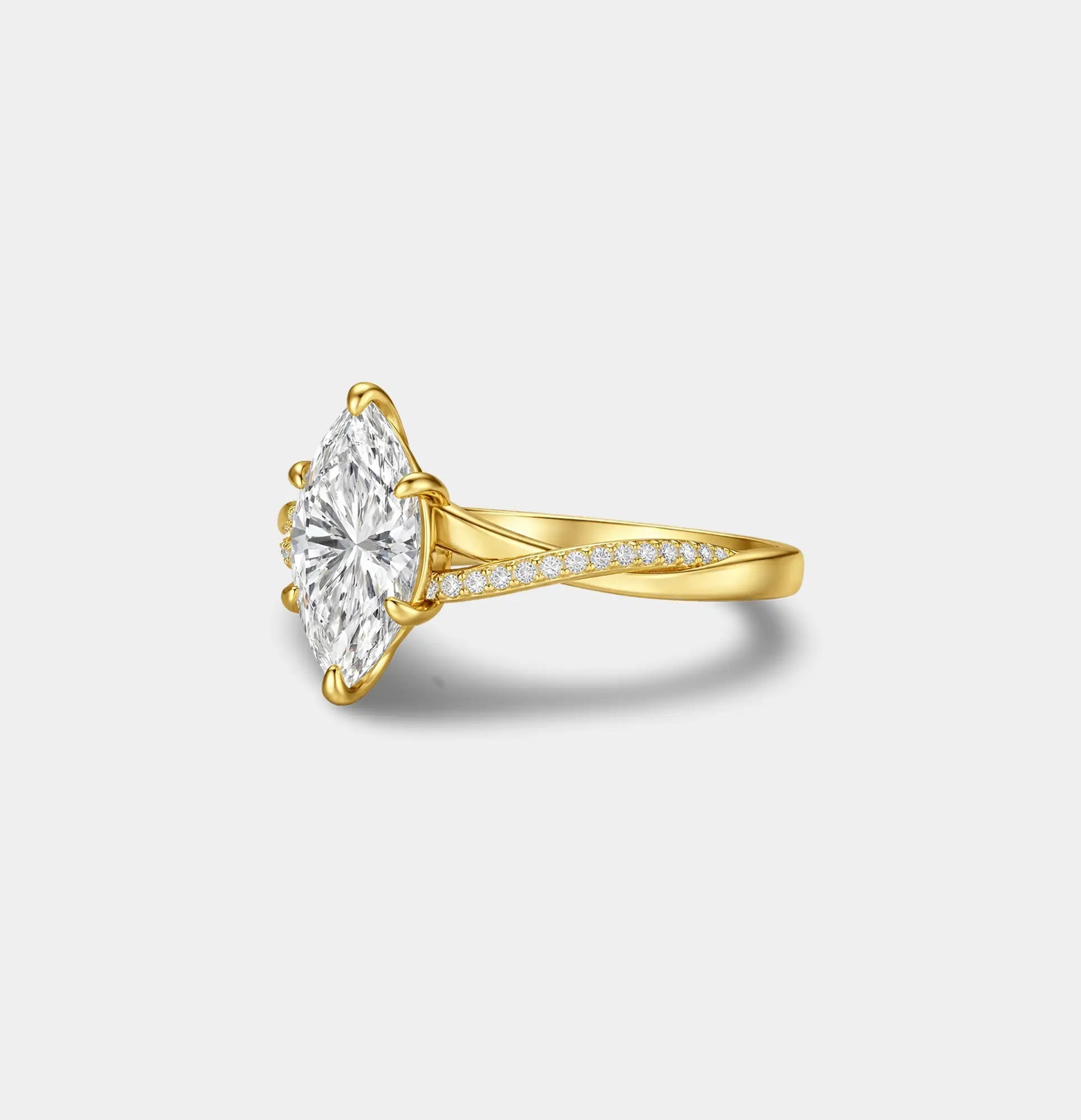 Marquise moissanite promise ring with an infinity twist white gold band, sparkle detail