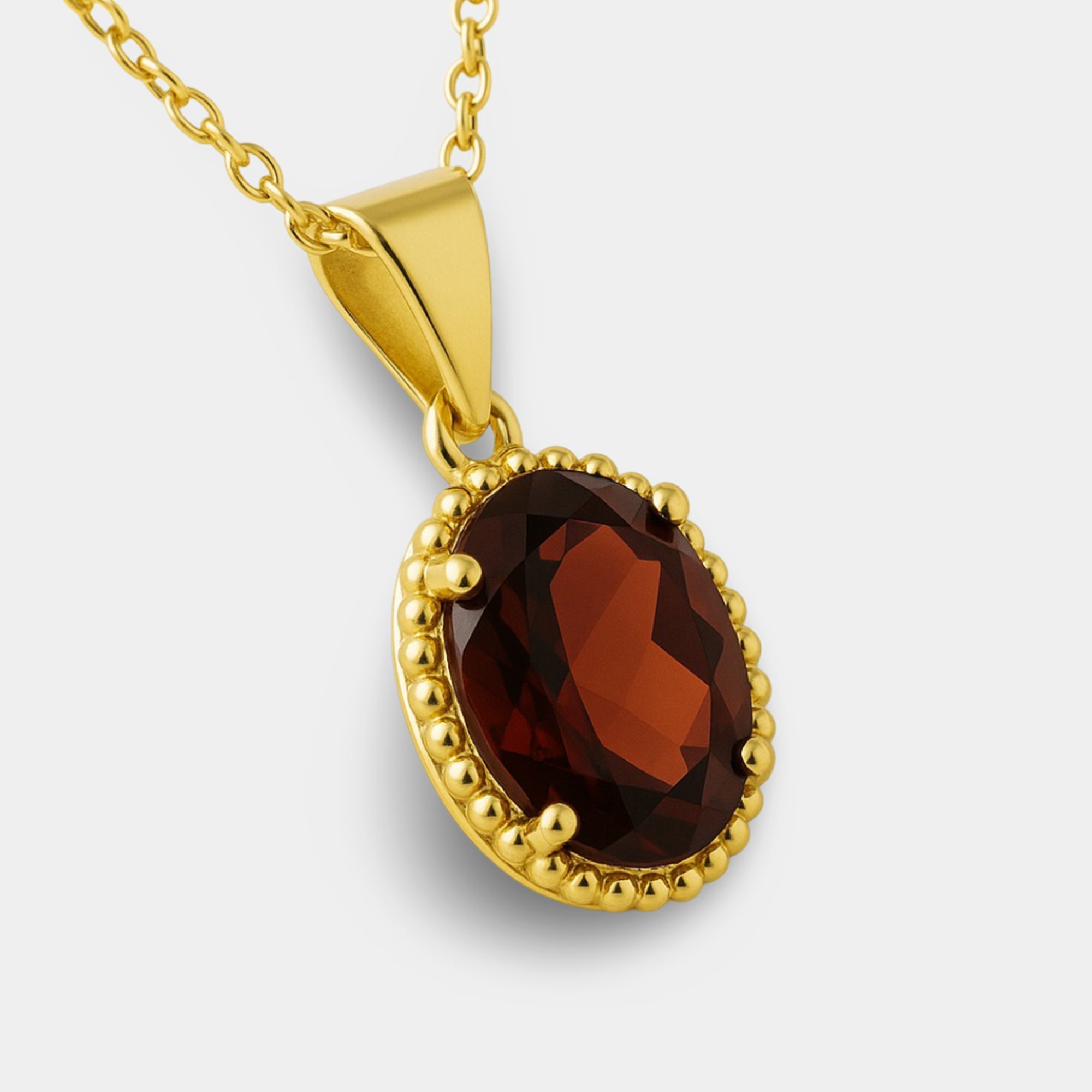 January birthstone garnet pendant necklace with gold-plated finish, detail view
