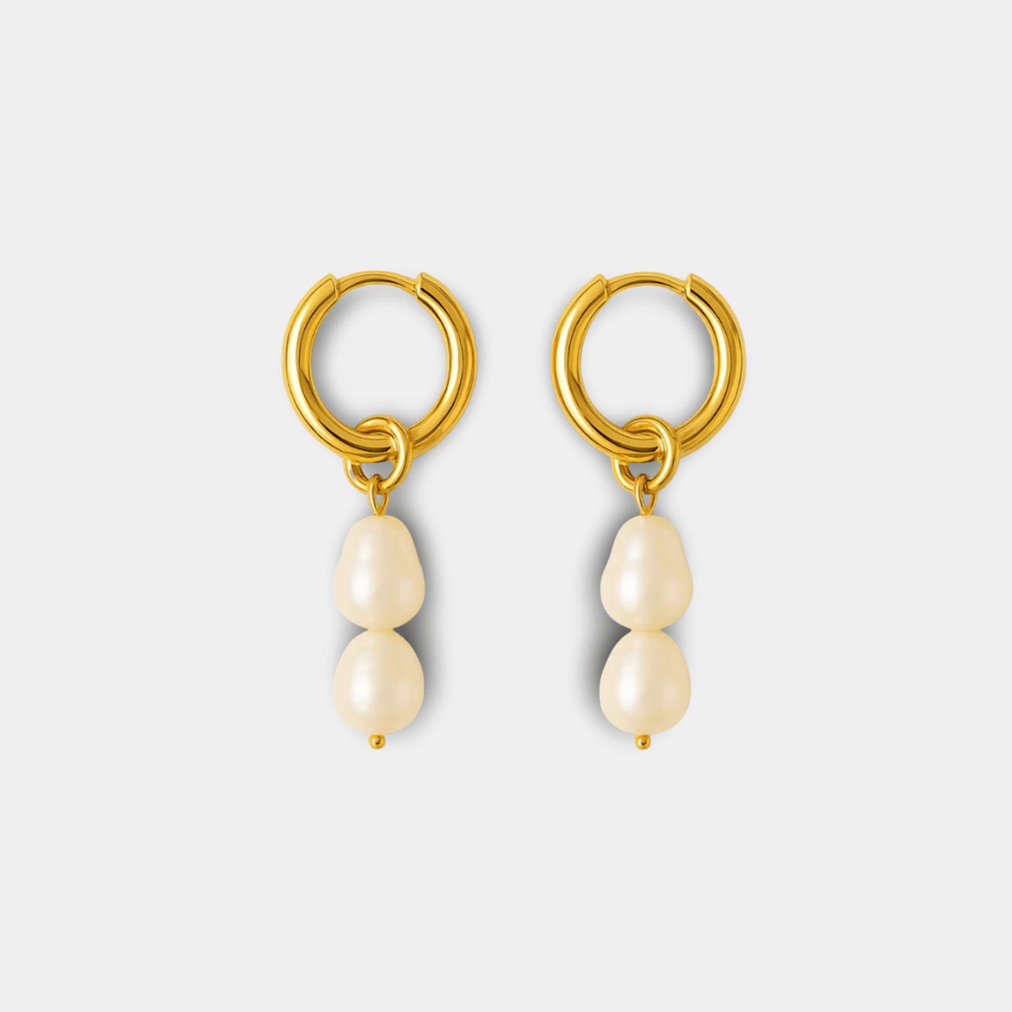 Front view of waterproof 18K gold plated double pearl hoop earrings with dangling freshwater teardrop pearls