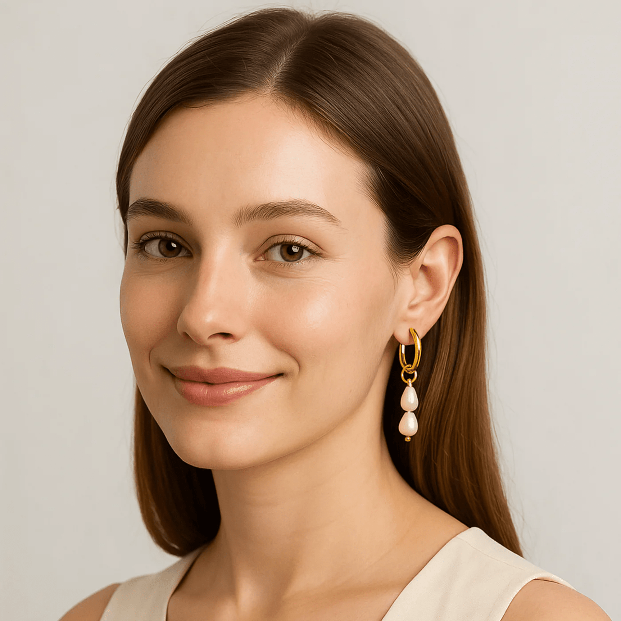 Woman wearing luminous double pearl drop hoop earrings showing the 50mm drop length in everyday style