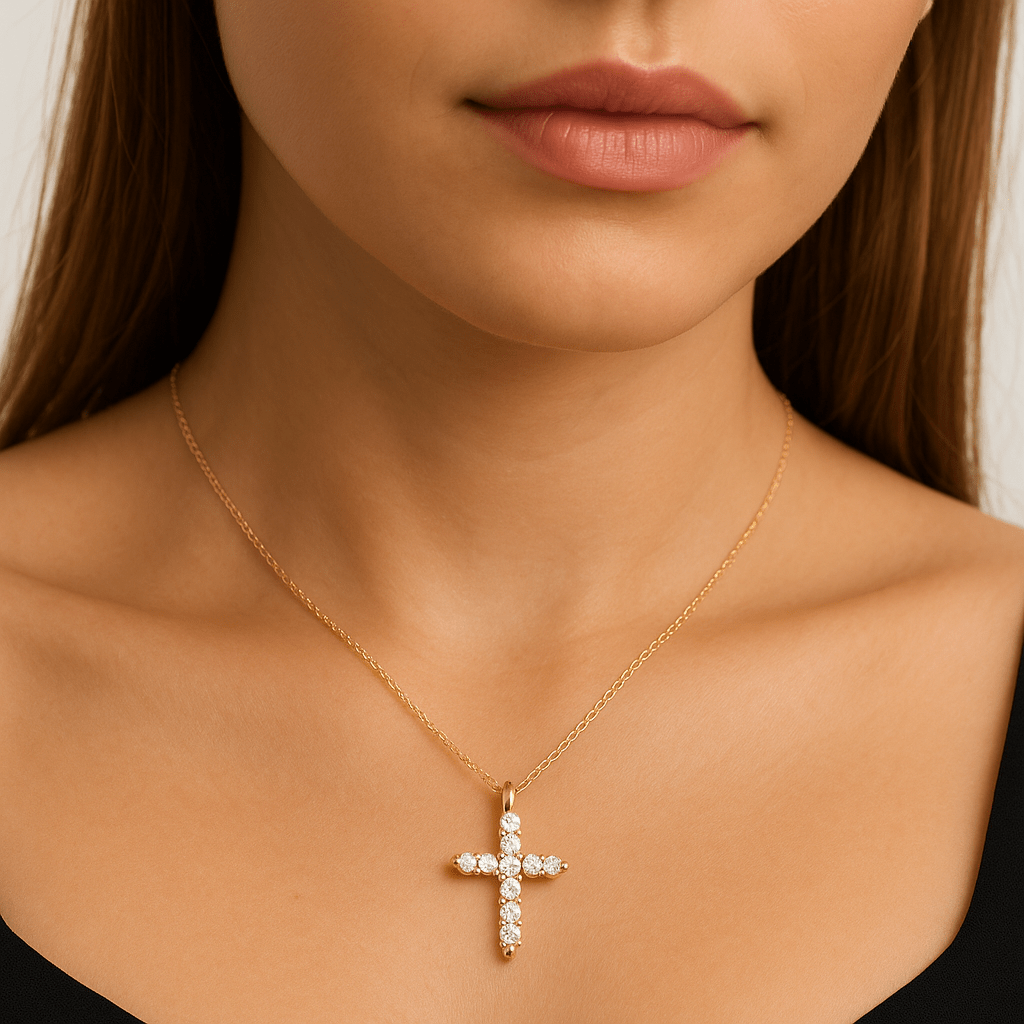 Lunara cubic zirconia cross necklace shown with its MH Elegance gift box, ready to give for a birthday or holiday