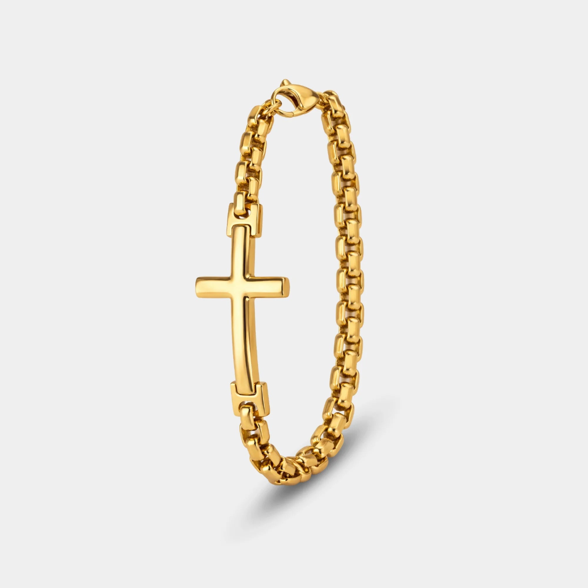 Men's cross bracelet in 18K gold-plated 316L stainless steel showing the cross charm on a cable chain