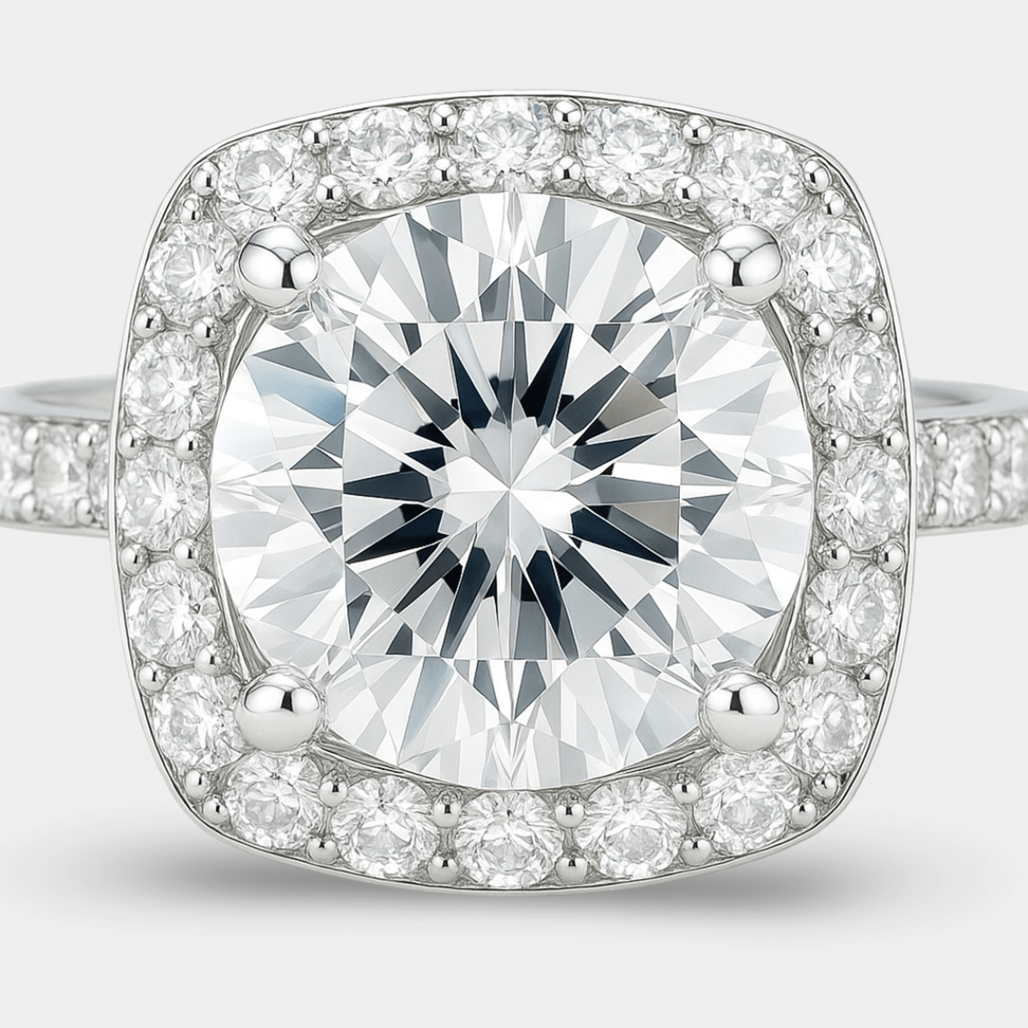 Close-up of the round-cut moissanite center stone and square halo, showing the prongs and bright sparkle