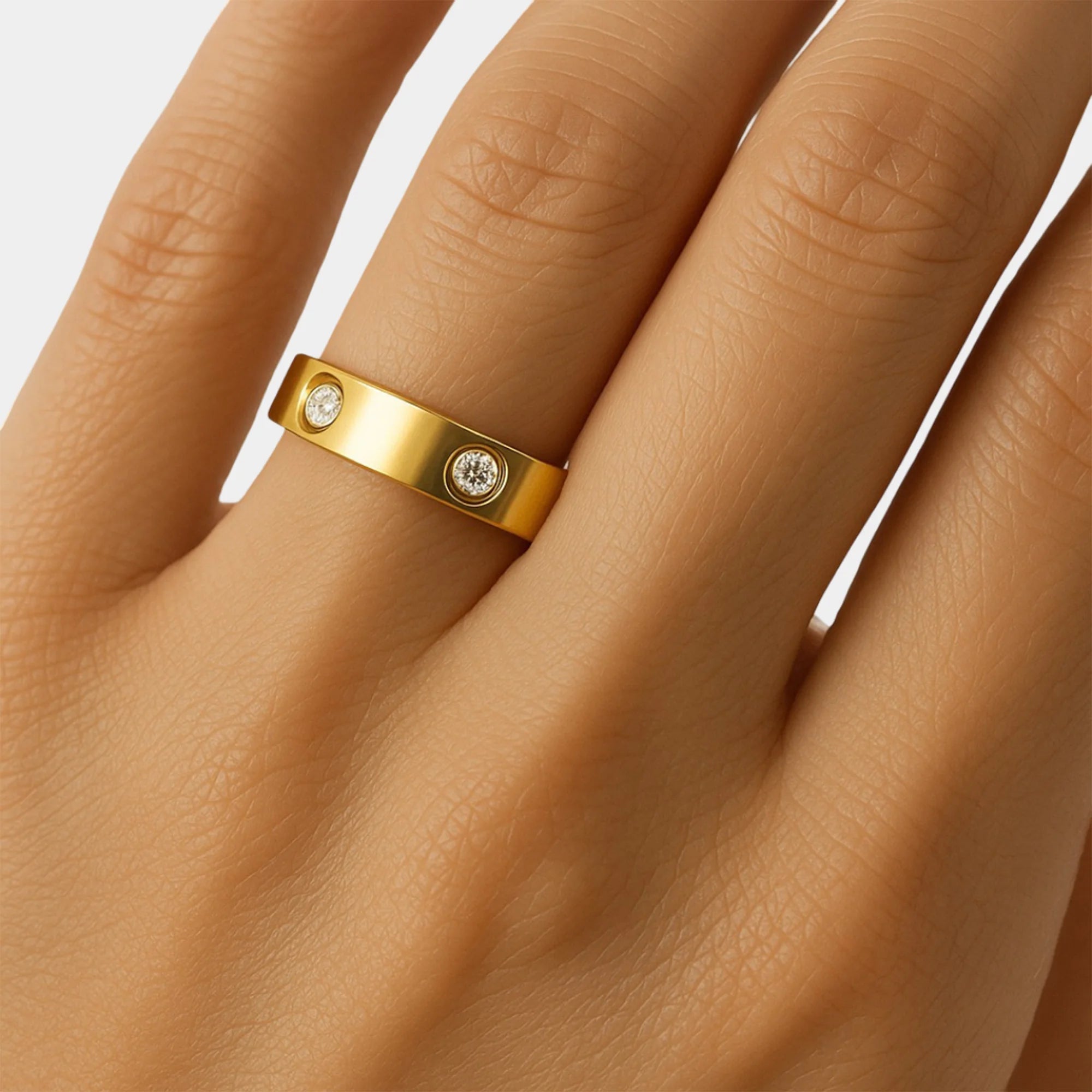 MH Elegance Modern Promise Band gold ring angled side view showing slim profile and bright mirror finish