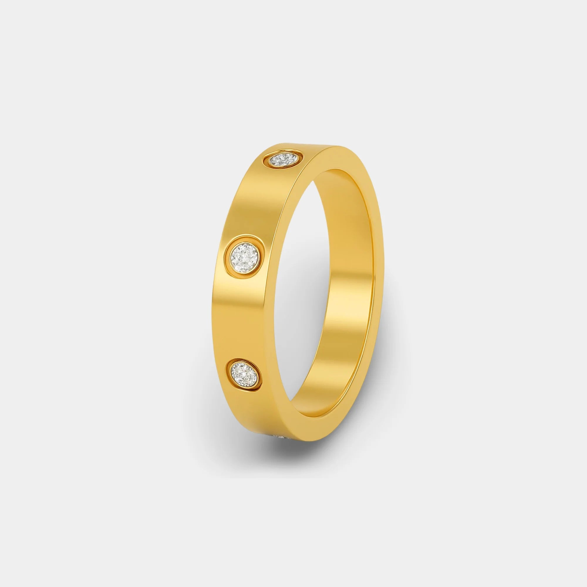 Modern Promise Band 18K gold love ring worn on woman’s finger – elegant everyday and stackable style by MH Elegance