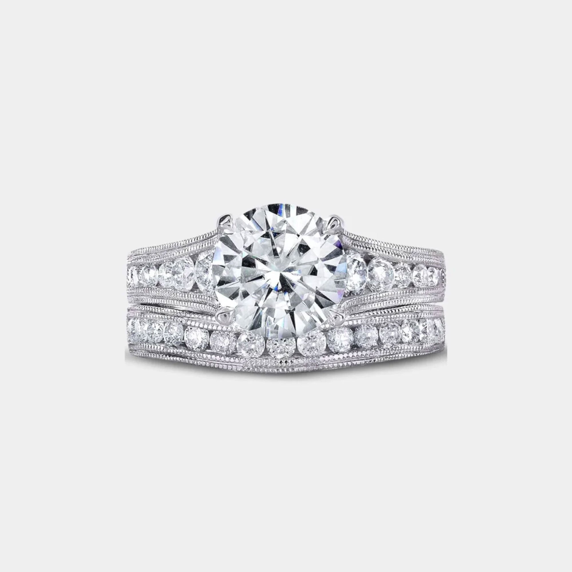 Moissanite & Diamond Channel Ring Set - MH ELEGANCE - Moissanite & Diamond Channel Ring Set - MH ELEGANCE -