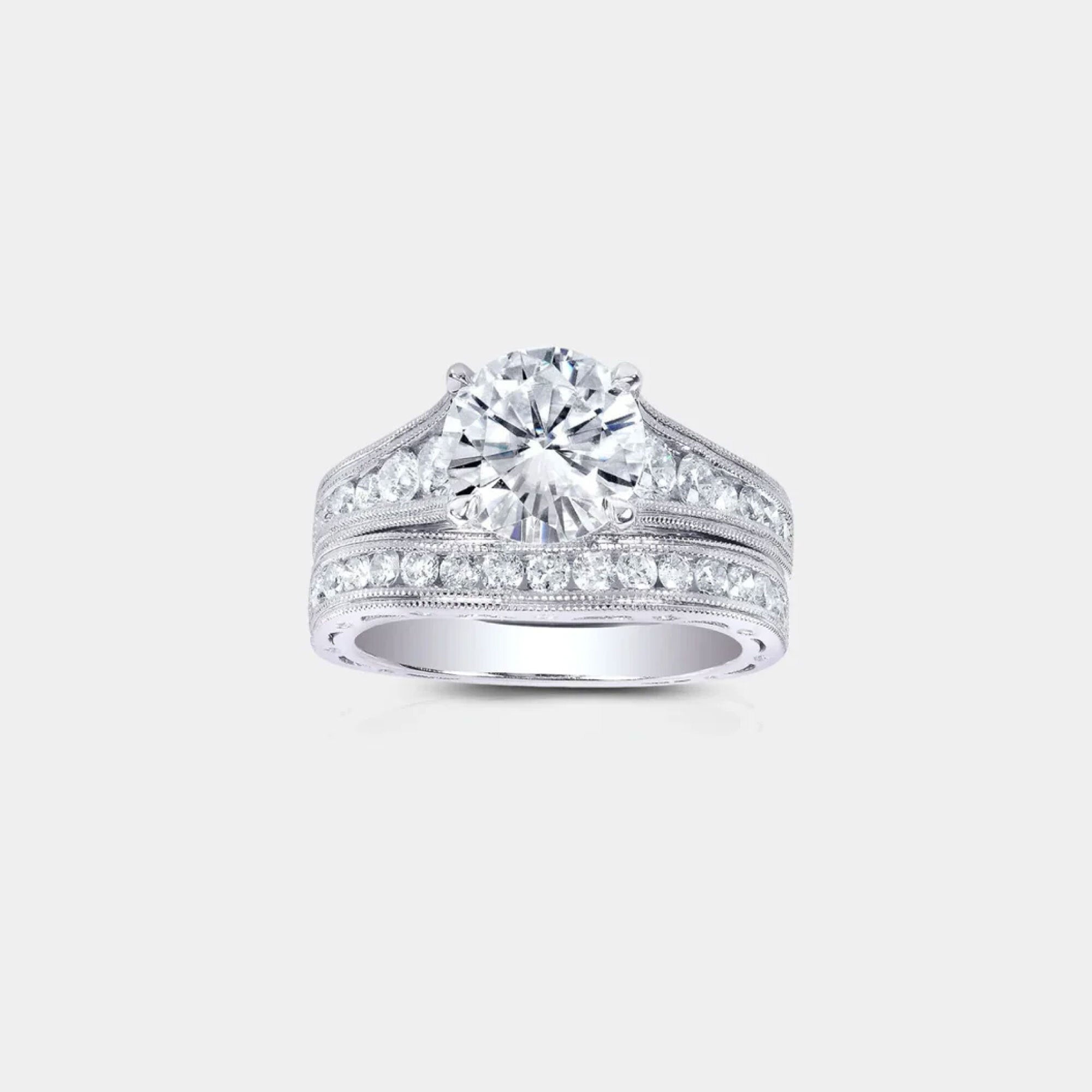 Moissanite & Diamond Channel Ring Set - MH ELEGANCE - Moissanite & Diamond Channel Ring Set - MH ELEGANCE -