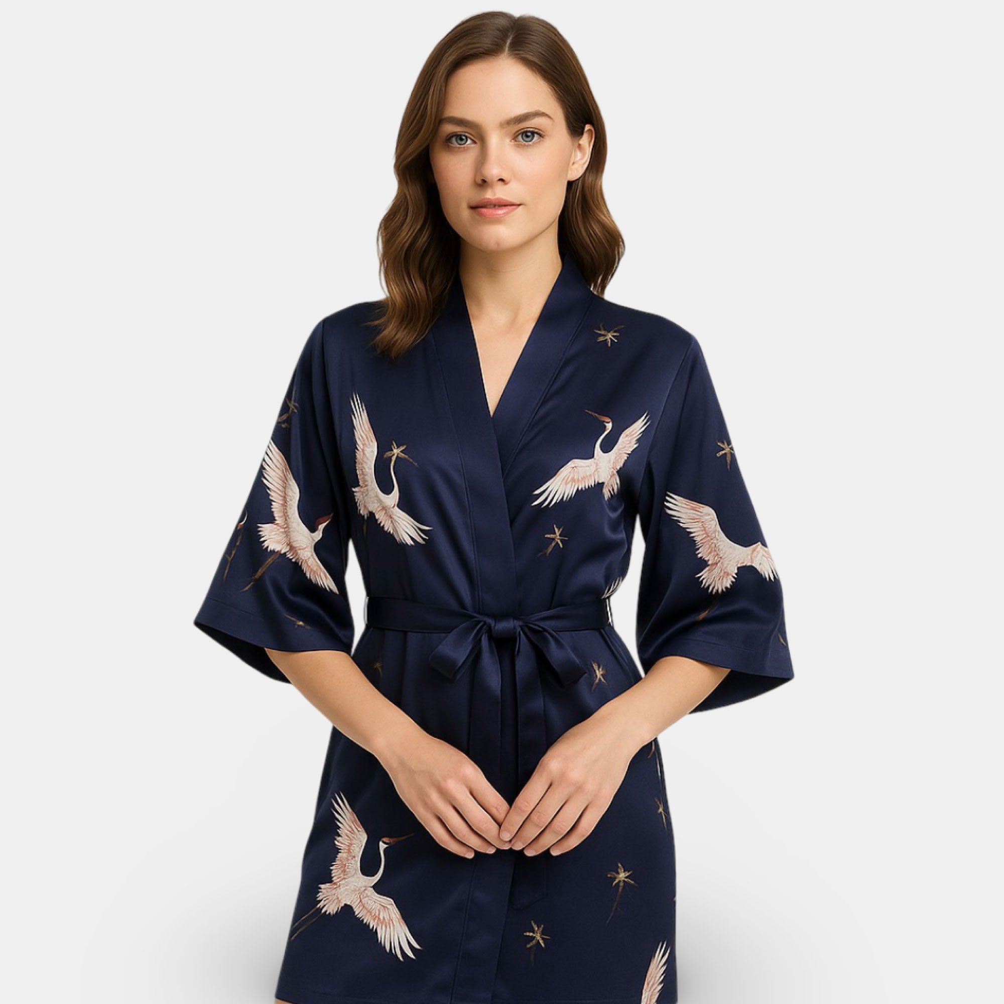 Navy Long Satin Robe - MH ELEGANCE - Navy Long Satin Robe -