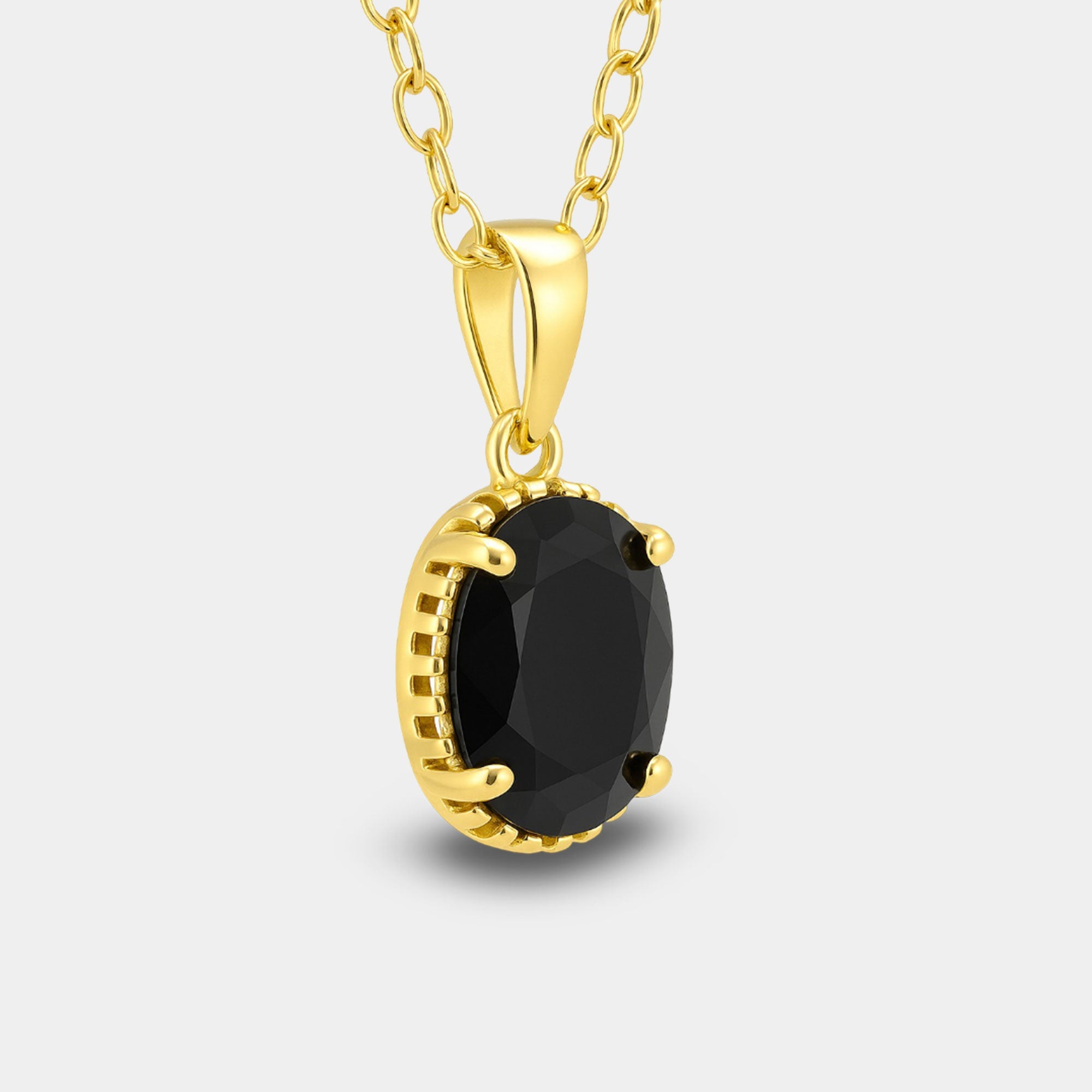 Black onyx pendant shown with its gold-plated 18 inch cable chain and spring ring clasp.
