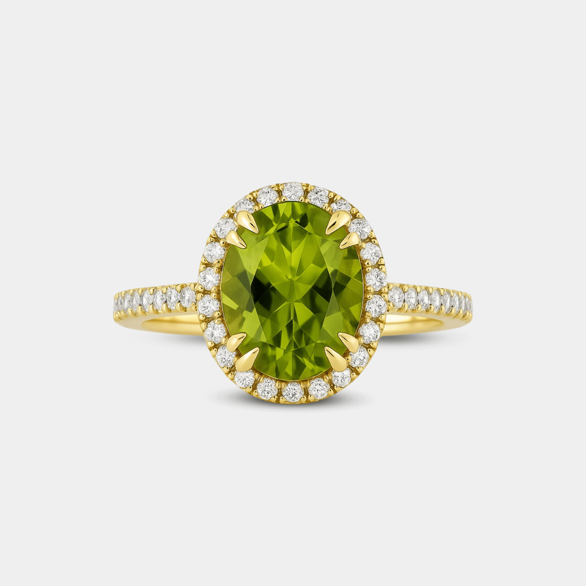 Oval Cut Green Peridot & Diamond Halo Ring - MH ELEGANCE - Oval Cut Green Peridot & Diamond Halo Ring -