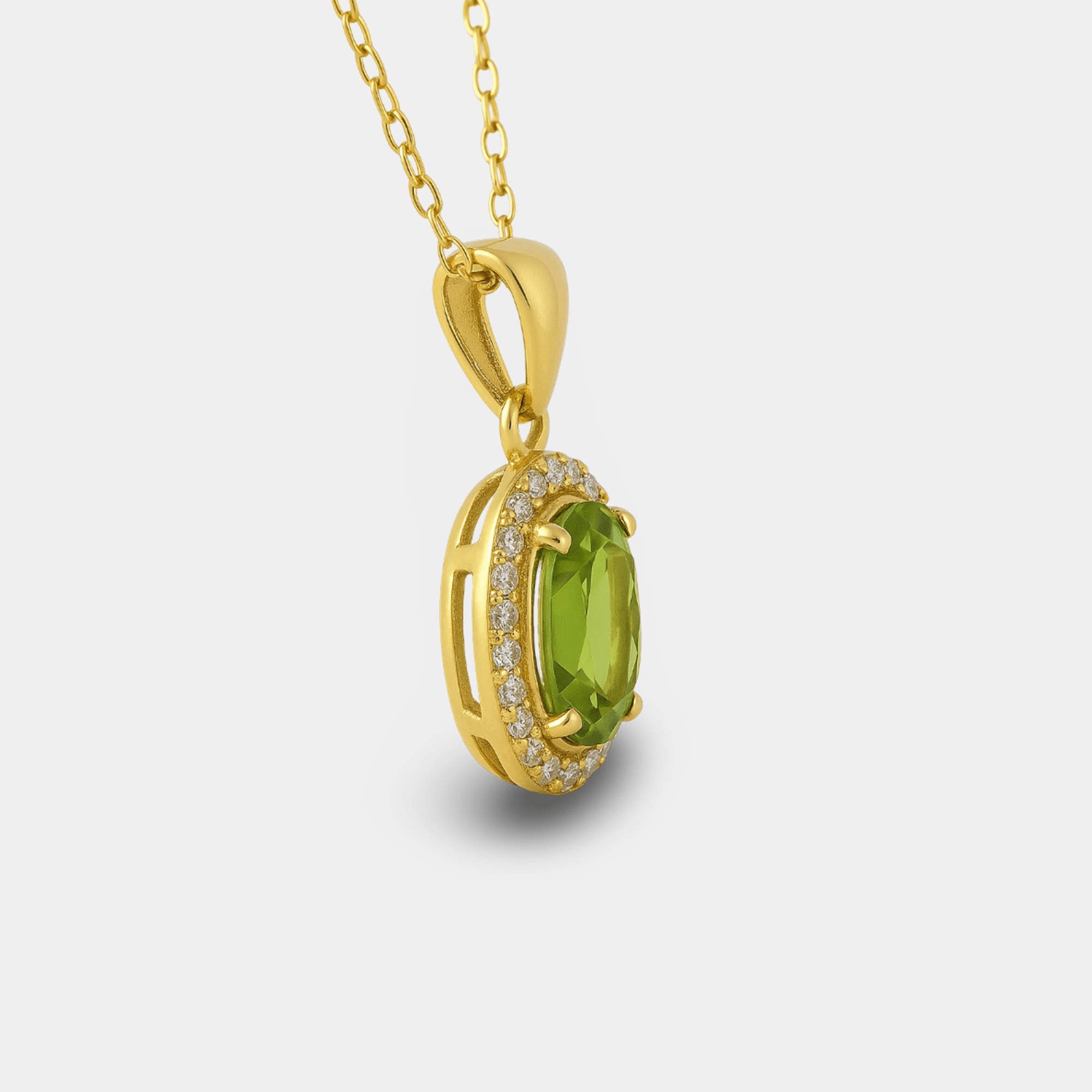 Oval Peridot Halo Pendant Necklace - MH ELEGANCE - Oval Peridot Halo Pendant Necklace - MH ELEGANCE -