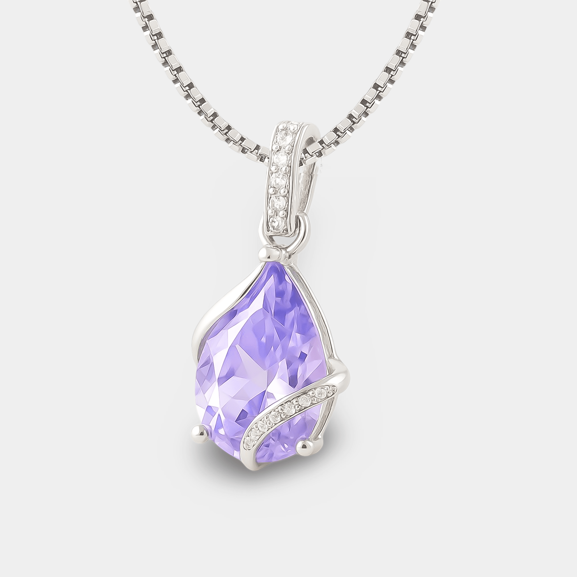Pear cut birthstone pendant on an adjustable box chain, full necklace view