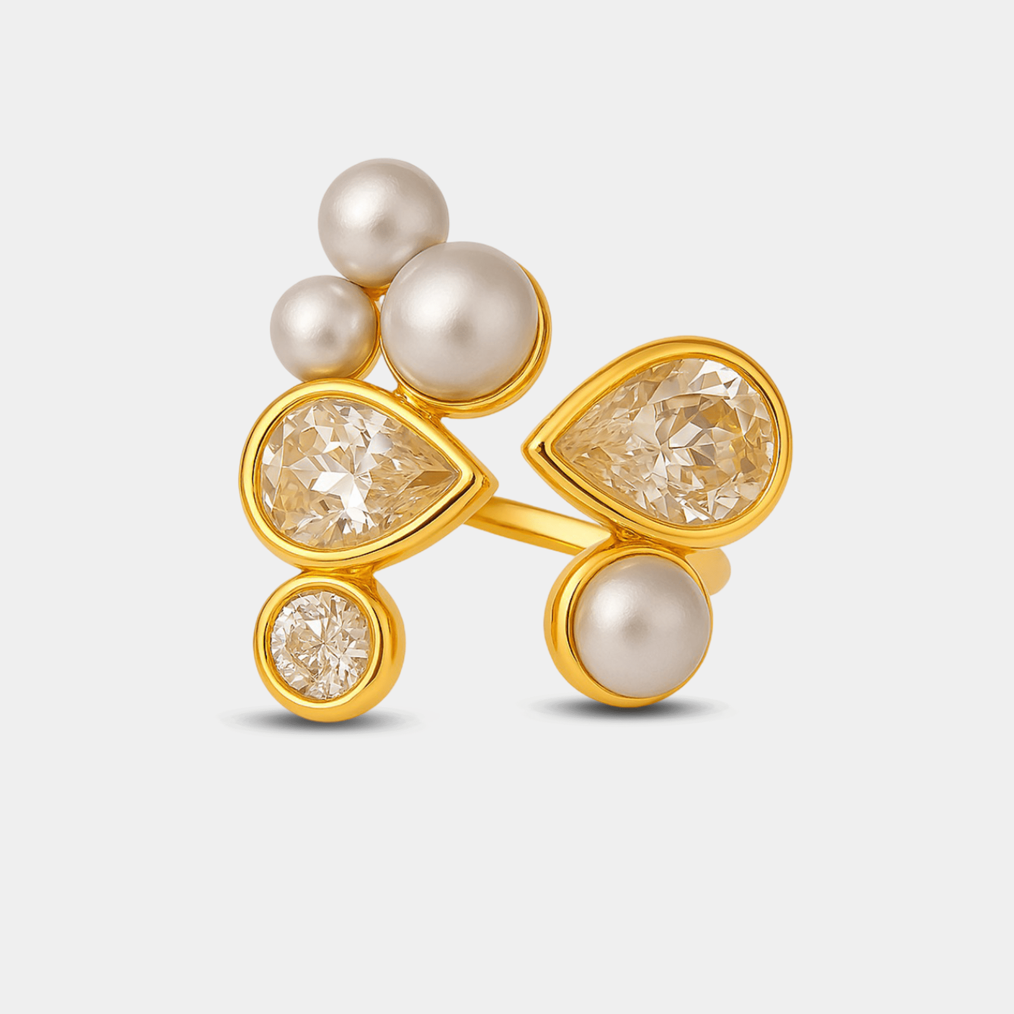 Front angle of the pearl and zircon cluster on the gold Pearl Prism Galaxy Ring