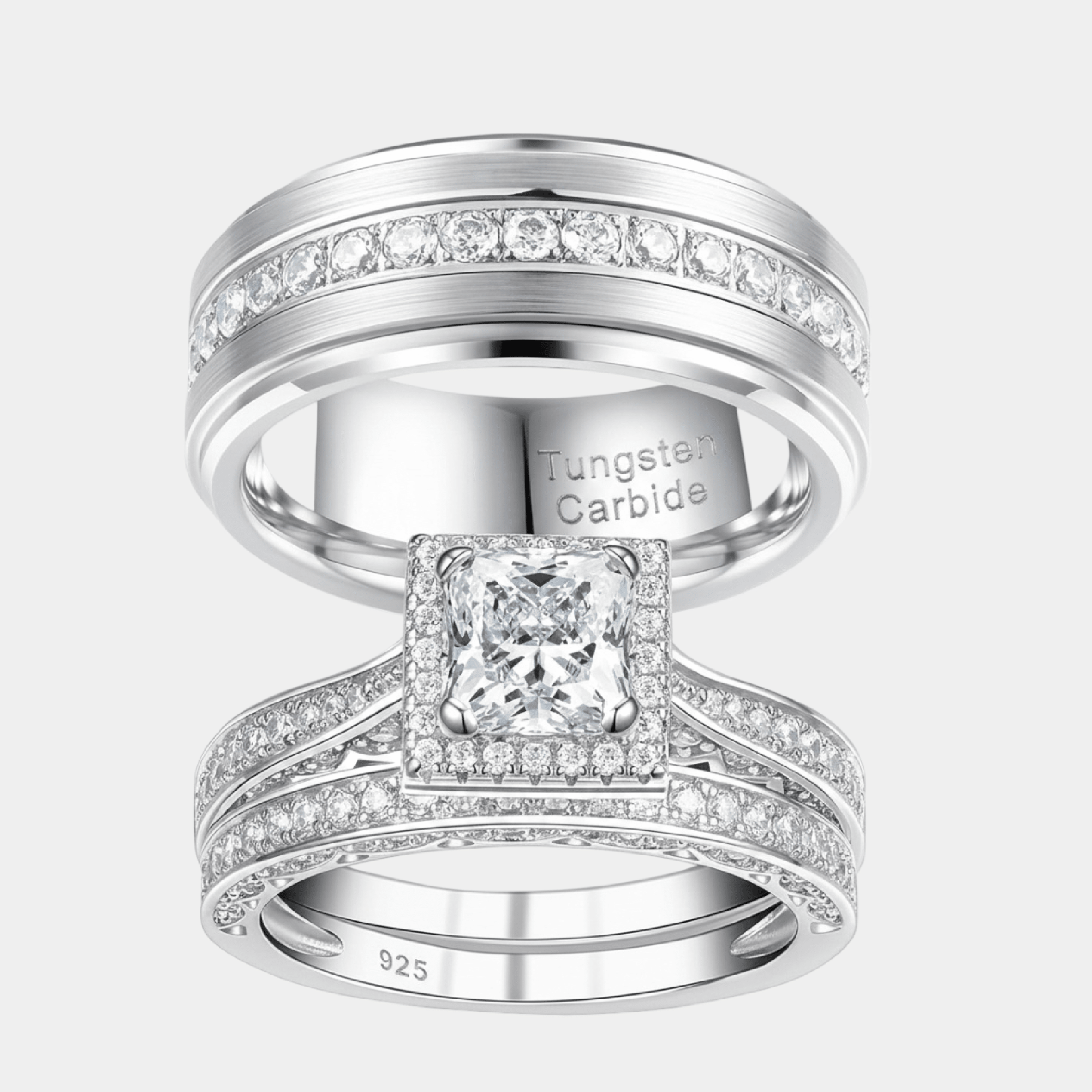 Princess His & Hers Wedding Ring Set | Sterling Silver & Tungsten - MH ELEGANCE - Sterling silver and tungsten princess cut his and hers matching wedding ring set from MH Elegance. - Ring