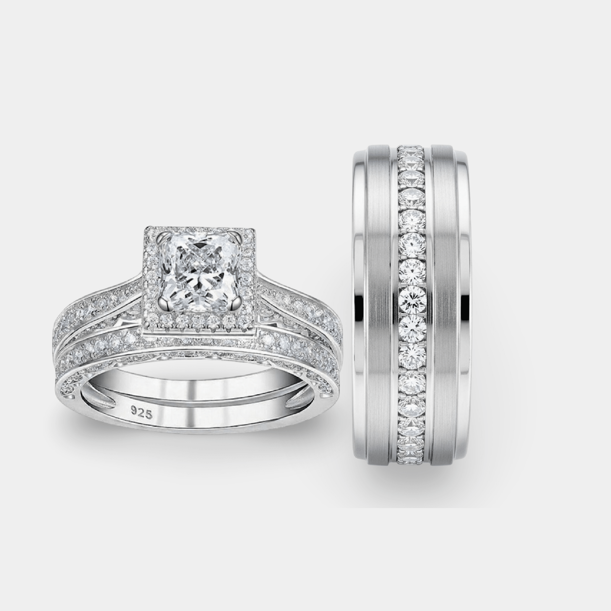 Matching couples wedding ring set with princess-cut CZ ring and tungsten band side by side.